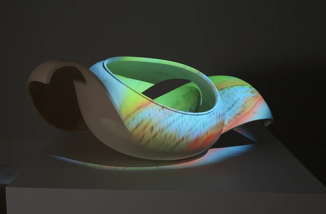 Hunt Clark. Speed, 2013. Carved bleached maple, video projections. 16 1/2 x 40 1/4 x 27 1/2 in. Courtesy of the Artist. 2016.HC.01. Photo: Deborah McClary METHOD: Digital video camera, computer, projectors, saws, grinders, abrasives