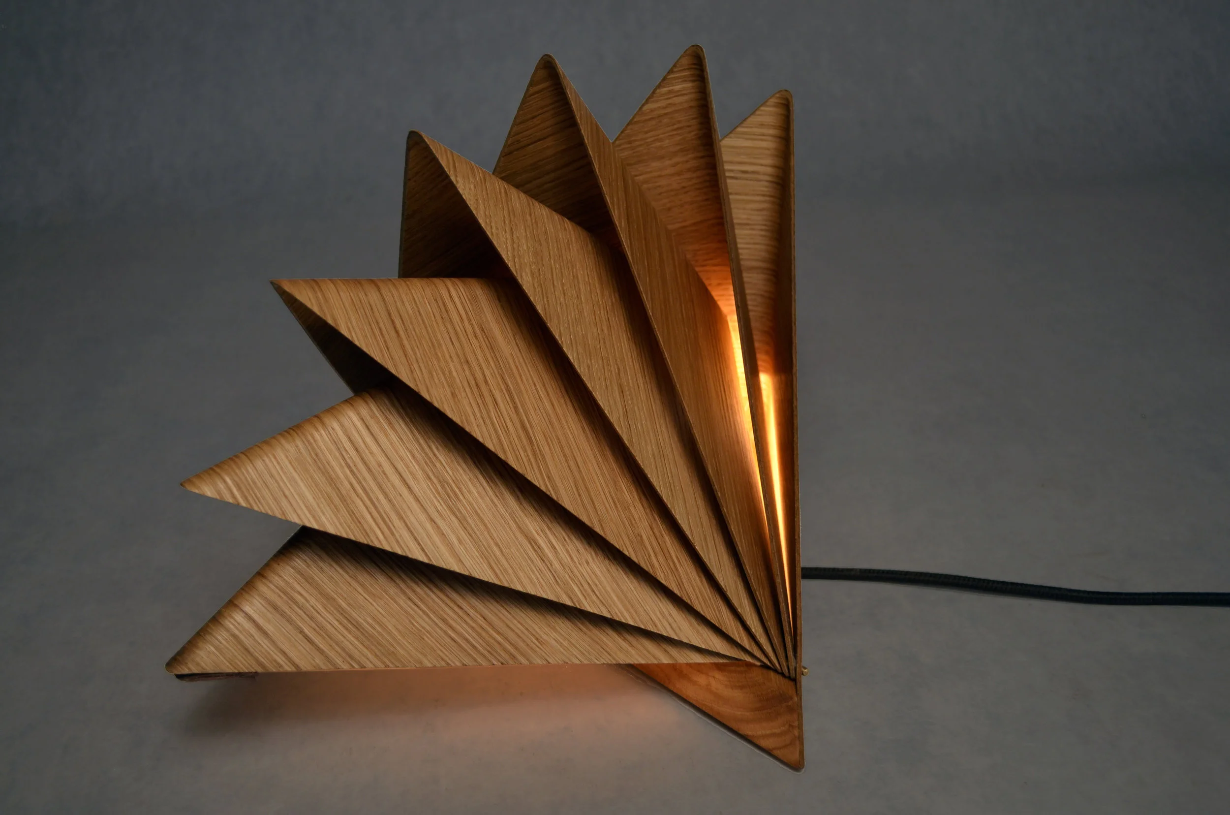 Klara Varosy. Bloom , 2016. Solid oak, oak veneer, Plexiglas, leather, brass hardware, LED bulb & components. Closed: 9 1/4 x 13 1/4 x 8 1/2 in. Open: 15 x 13 1/4 x 10 in. Courtesy of the Artist. 2016.KV.01. Photo: Courtesy of the Artist METHOD: CNC (Computer Numerical Control router), laser cut, laser engraved, wet-bent, vacuum formed, handcrafted