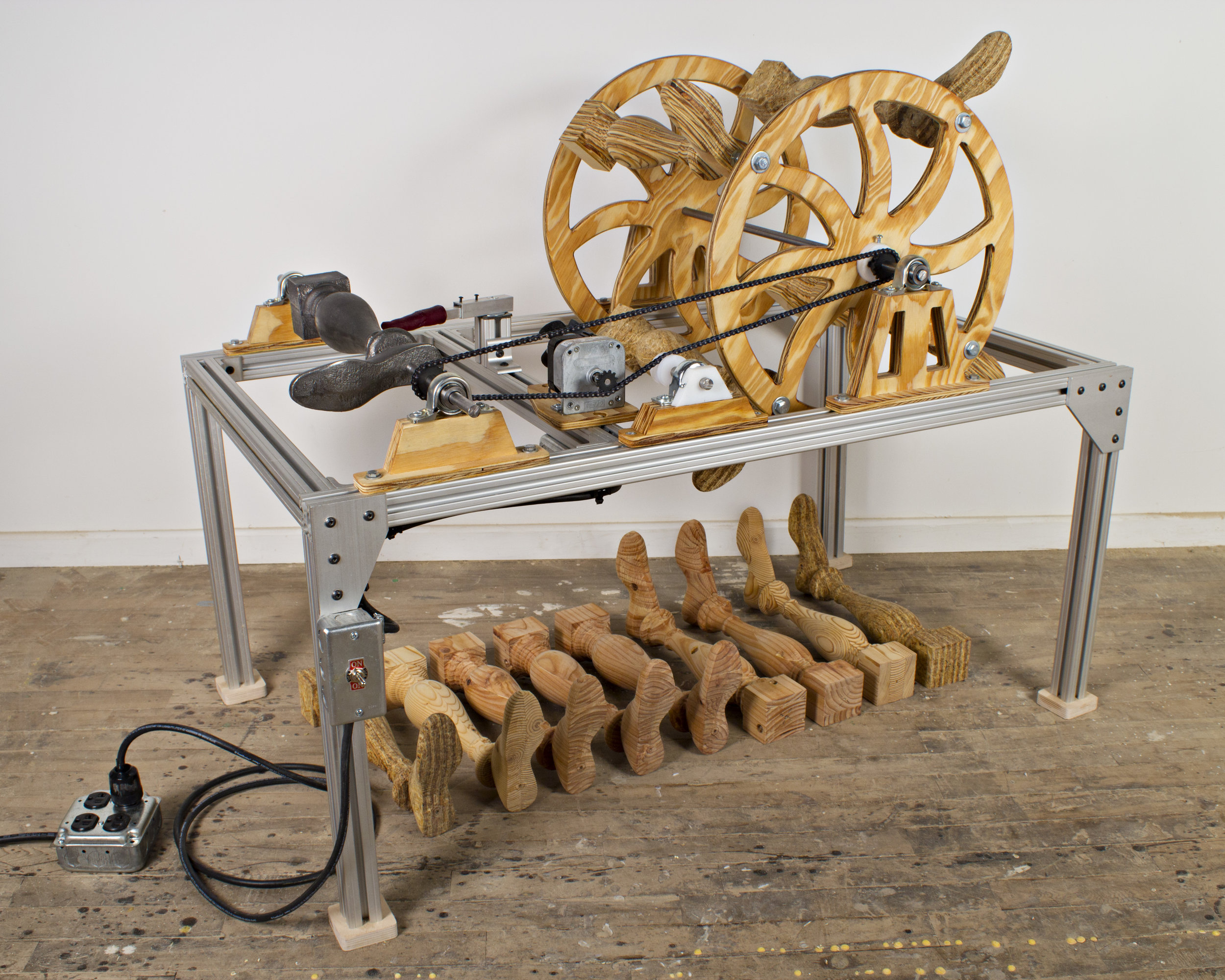 Fig. 6. Lewis Colburn, United States. Untitled (after Thomas Blanchard) , 2015. Cast iron, plywood, pine, oriented strand board, aluminum extrusion, cast urethane, steel, motor, hardware, and mechanical components. 36 x 44 x 26 in. Exhibited in The Center for Art in Wood’s Other Selections exhibition May 1–July 18, 2015. Photo: John Carlano