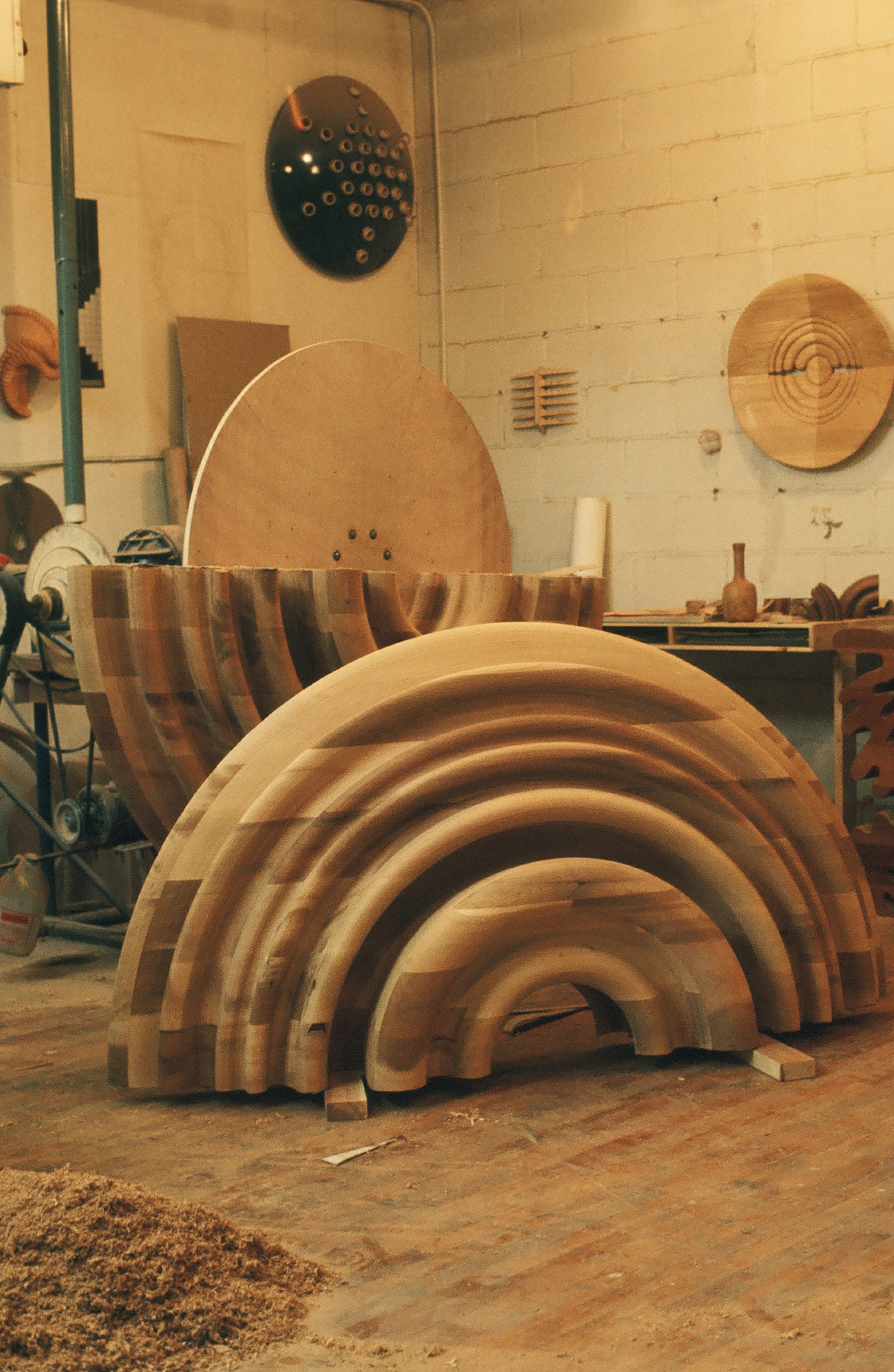Fig. 10. Stephen Hogbin’s faceplate turning in the process of being cut and reassembled to make his chairs, table, and two shelves, 1974. Photo: Stephen Hogbin