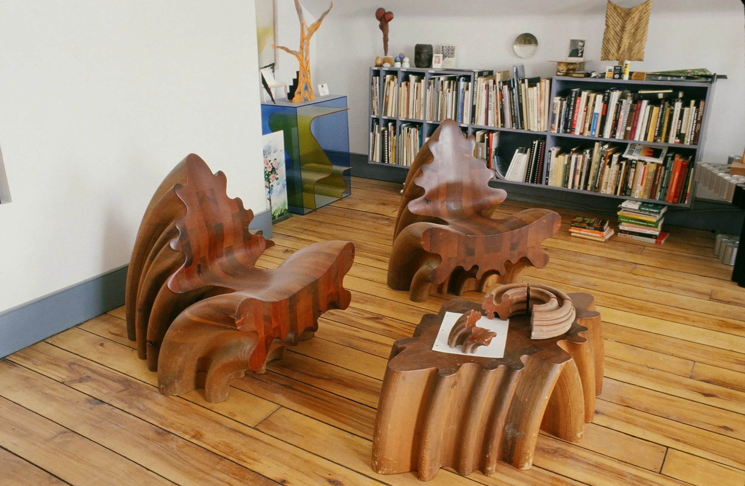 Fig. 11. Stephen Hogbin’s two chairs and table made from a single turning, 1974. Photo: Stephen Hogbin