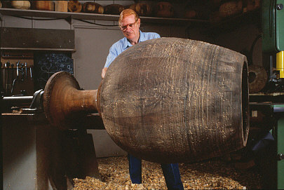 Fig. 14. Ed Moulthrop turning a sculptural chalice, 1988. Photo: Paul Beswick 