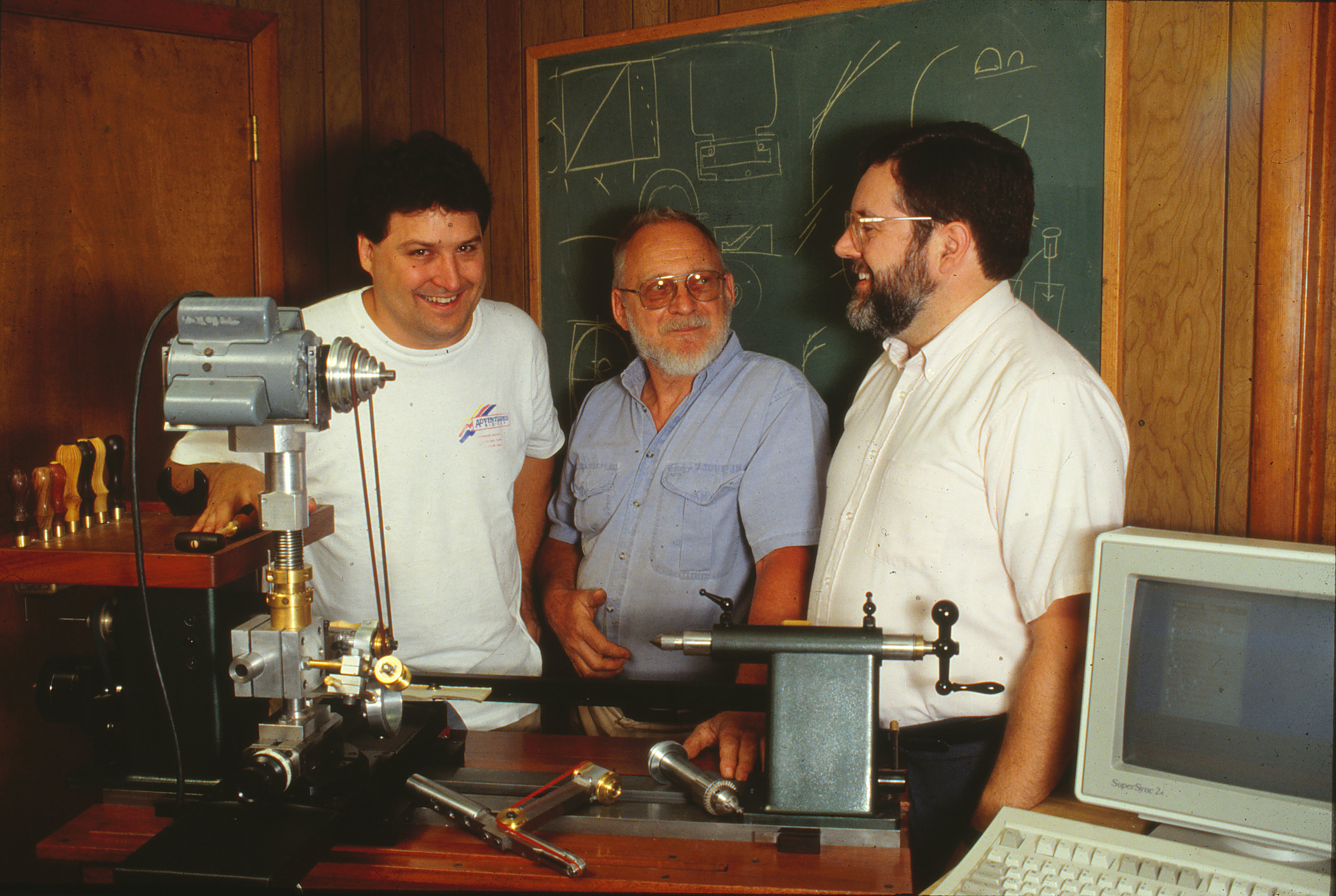 Fig. 25. Mark Krick, Dave Hardy, and Ken Wurtzel with their HaWK Lathe, ca. 1993. Photo: Mark Krick