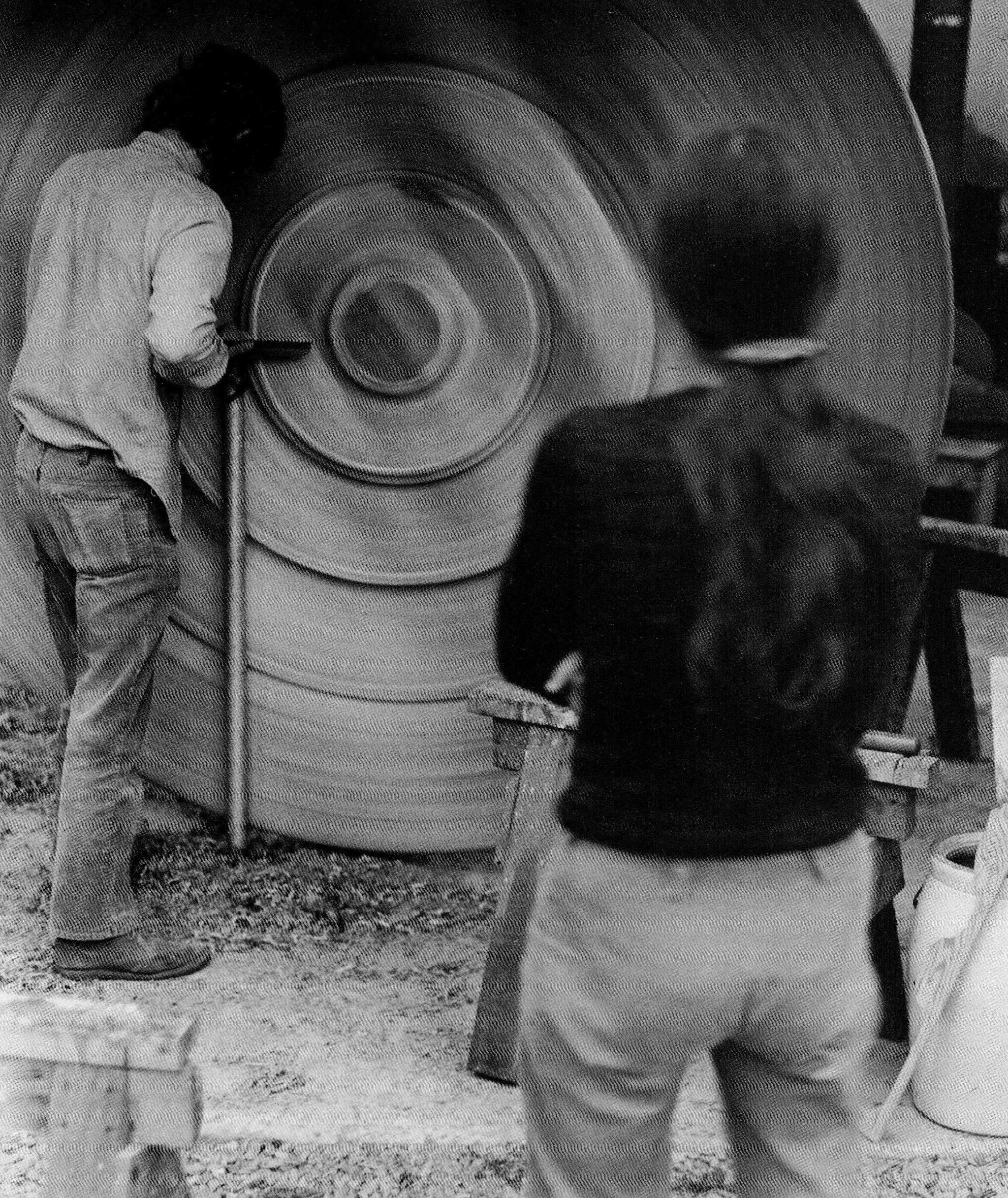 Fig. 9. Stephen Hogbin turning on his custom made lathe, ca. 1972. Photo: Michael Thomas