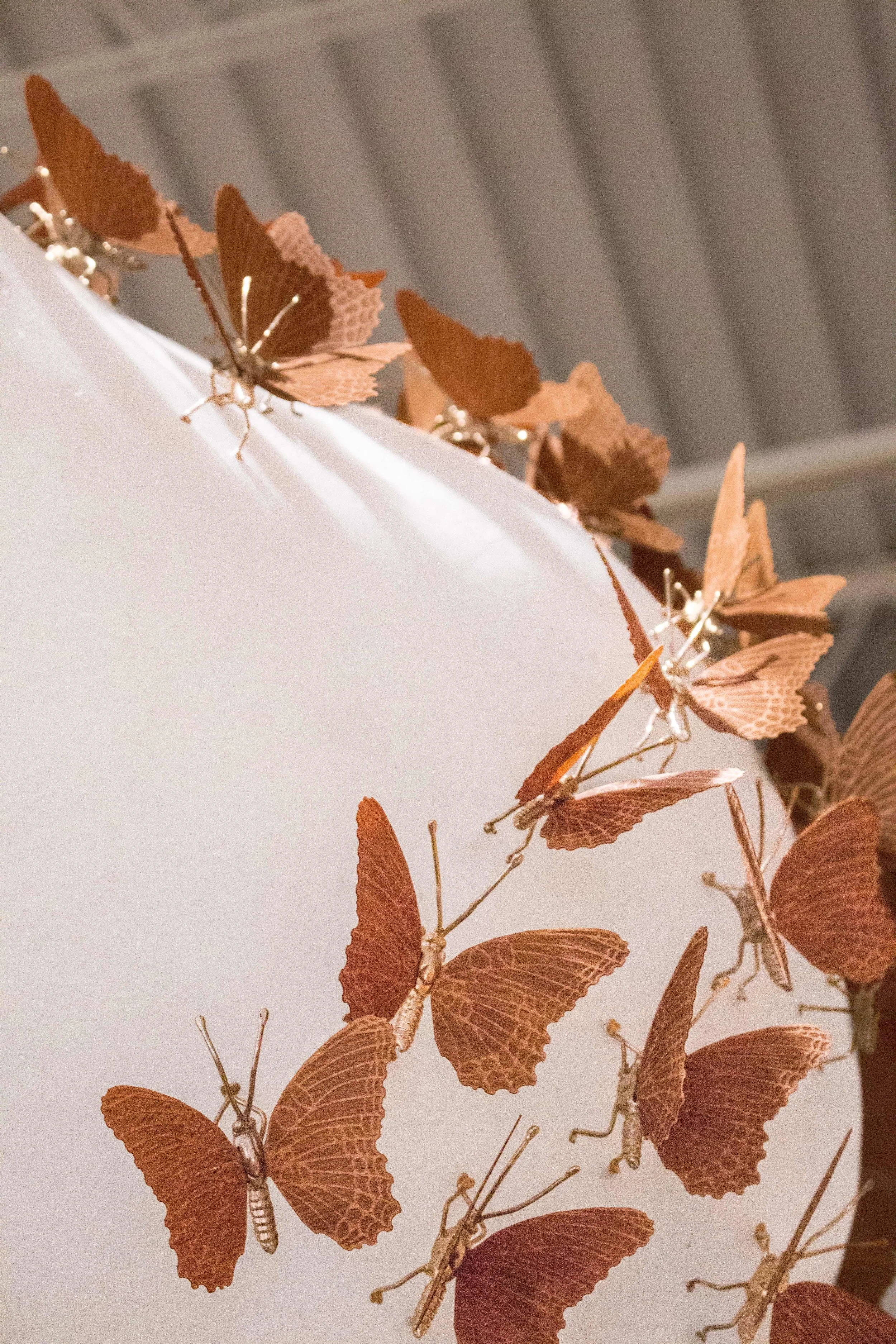 David Nosanchuk , Butterfly Asteroid , 2016 (detail). Beech veneer, bronze, fiberglass, LED illumination. 34 x 36 x 72 in. Courtesy of the Artist. 2016.DN.01. Photo: John Carlano METHOD: Laser engraving and cutting, CNC router, 3D scanning and printing, lost wax casting, hand applied fiberglass, hand applied finishing