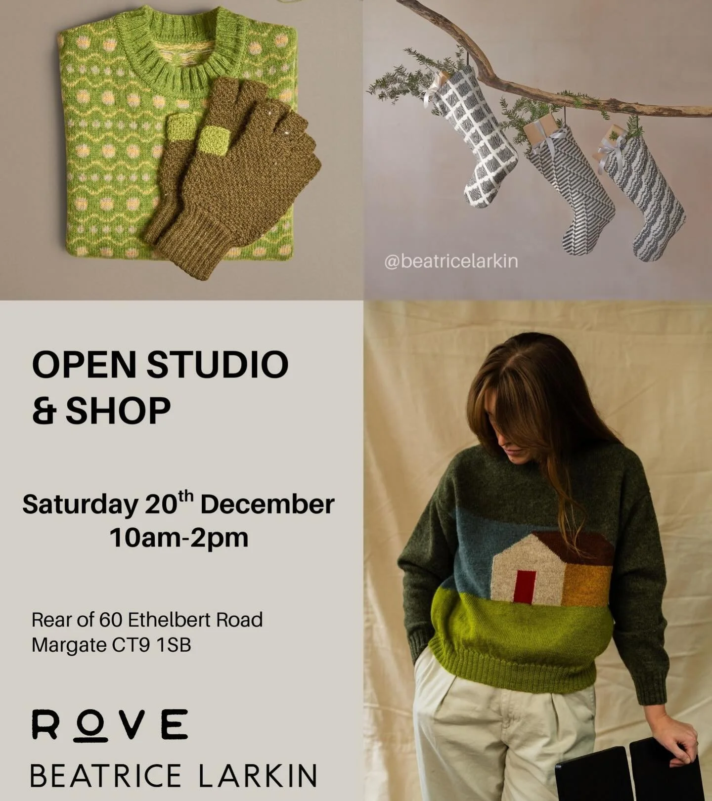 OPEN STUDIO 🎄 TODAY SATURDAY 20th December 10am-2pm. Last chance to shop before we close for the Christmas break. 

Find me and @rove.knitwear in Unit 5 at the rear of 60 Ethelbert Road. 

I&rsquo;m doing some special open studio prices too! Plus fa