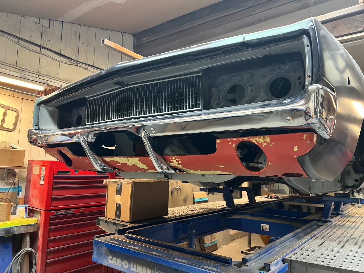 1968 Dodge Charger RT front bumper assembly mocked up for proper fitting. Fuel tank mocked up for mounting brackets to be welded to new trunk pan.#longvalleyautobody #1968dodgechargerrt