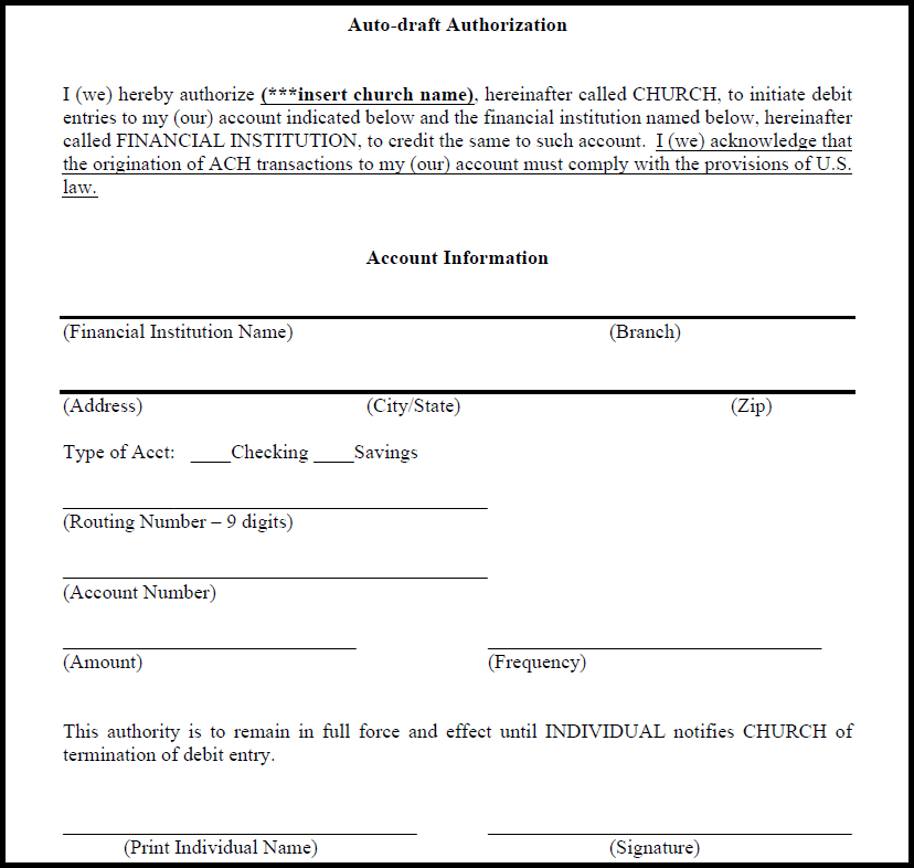 Electronic Church Donation Auto Draft Form