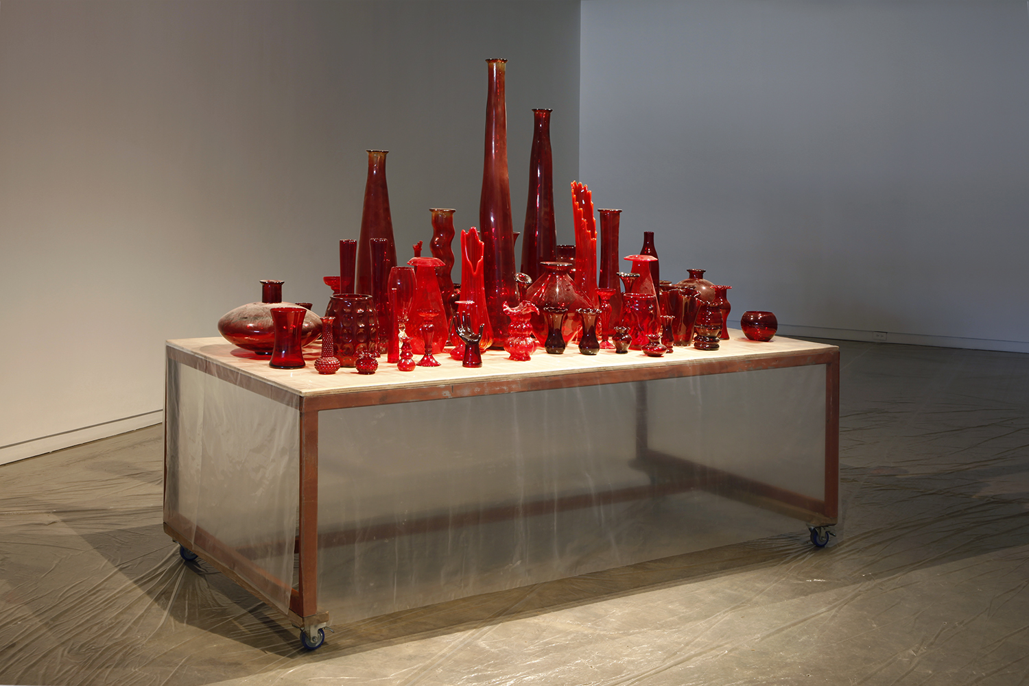   Red Vase Collection &nbsp;(ongoing) glass, dust size variable  Installation view of  Muscled Rose  at Scrap Metal, Toronto, Canada 