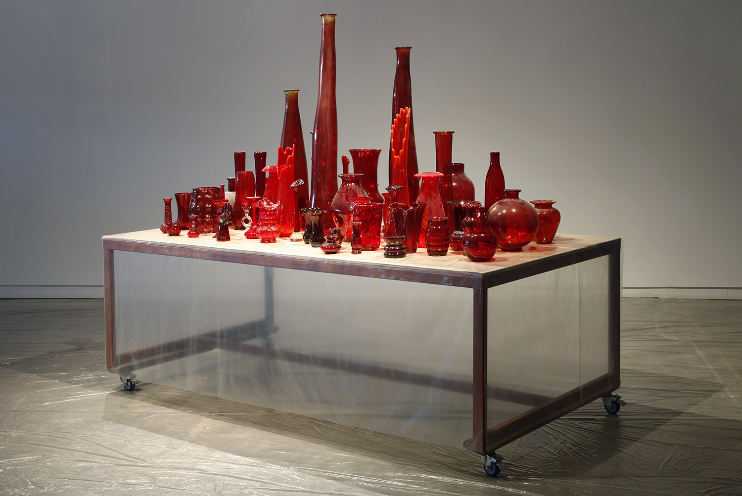   Red Vase Collection &nbsp;(ongoing) glass, dust size variable  Installation view of  Muscled Rose  at Scrap Metal, Toronto, Canada 