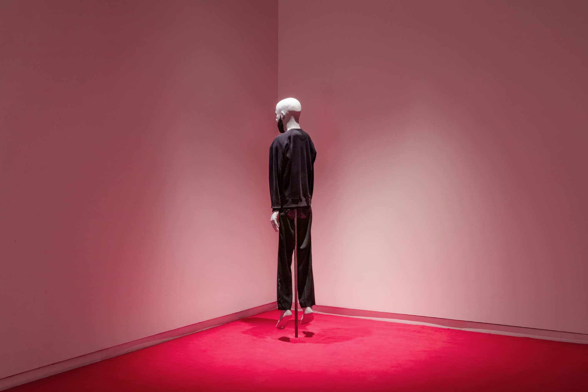   Christopher  (2019) silicone, resin, hair, fabric 80” x 20” x 9”  Installation view of  The Ventriloquist  at Daniel Faria Gallery, Toronto, Canada 