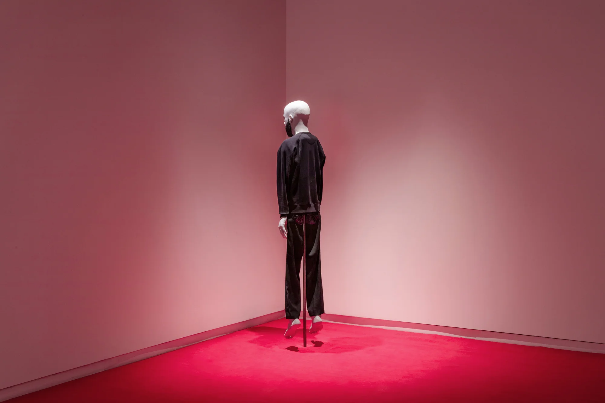 Christopher (2019) silicone, resin, hair, fabric 80” x 20” x 9” Installation view of The Ventriloquist at Daniel Faria Gallery, Toronto, Canada