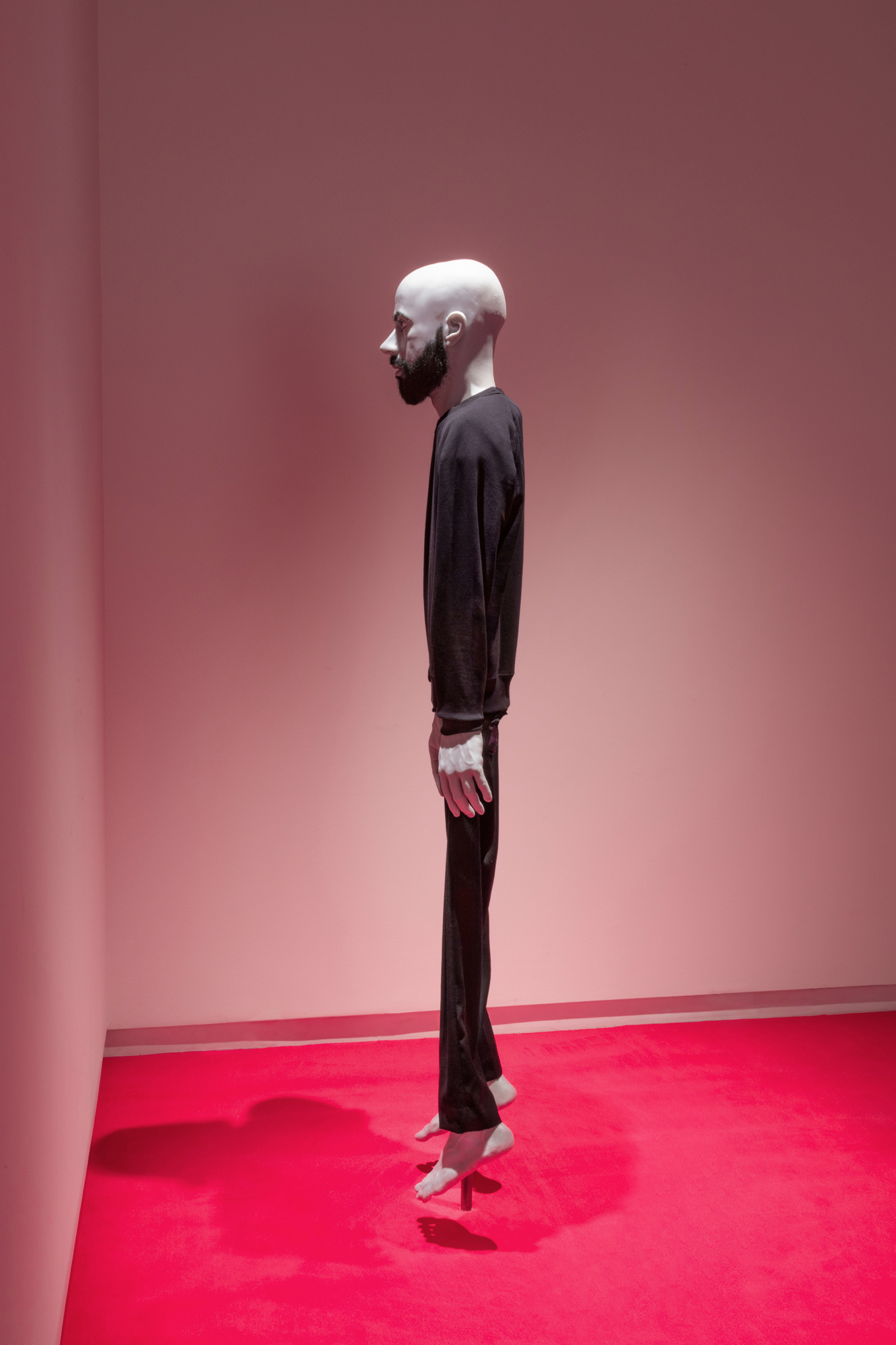   Christopher  (2019) silicone, resin, hair, fabric 80” x 20” x 9”  Installation view of  The Ventriloquist  at Daniel Faria Gallery, Toronto, Canada 