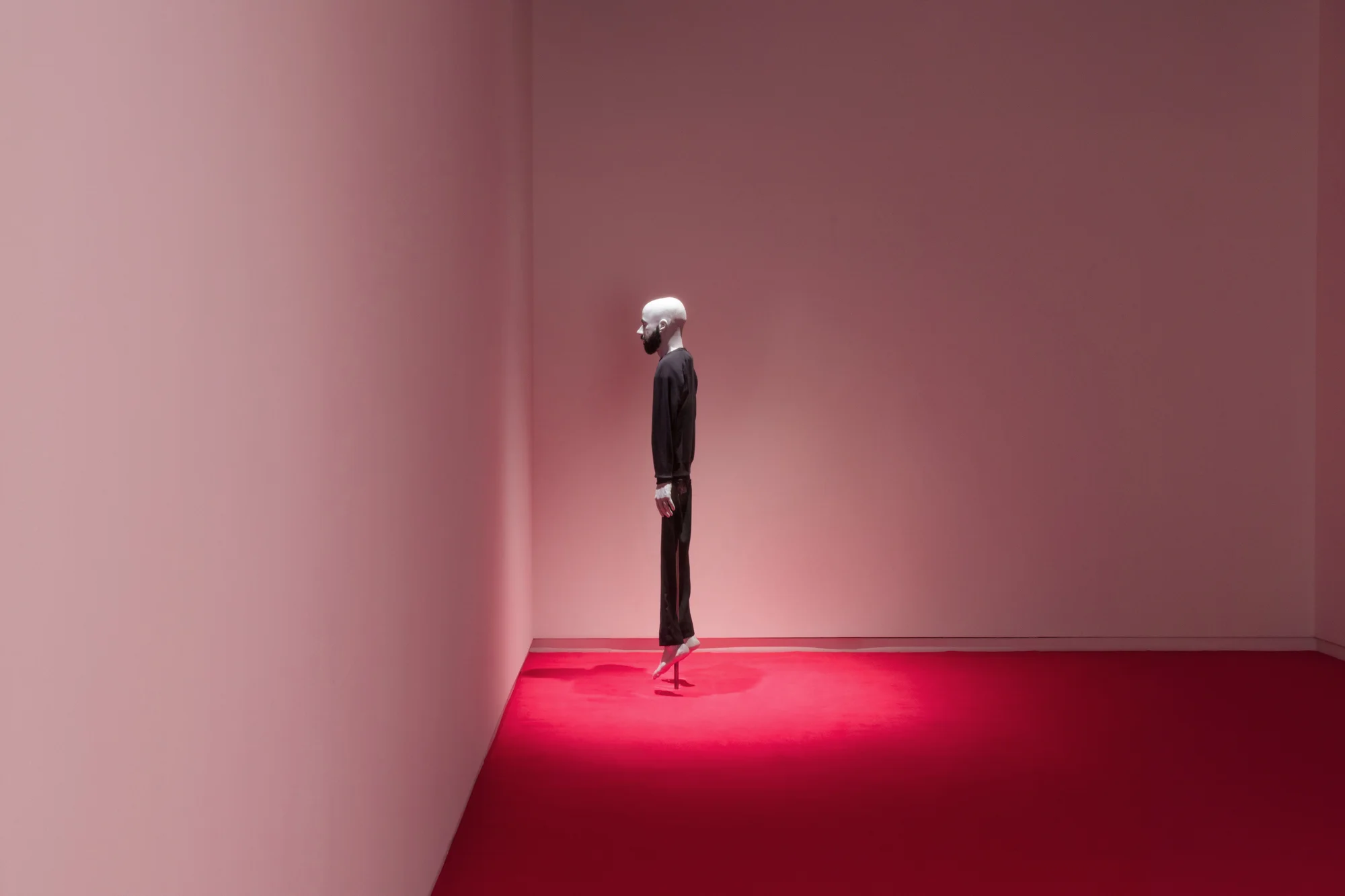 Christopher (2019) silicone, resin, hair, fabric 80” x 20” x 9” Installation view of The Ventriloquist at Daniel Faria Gallery, Toronto, Canada