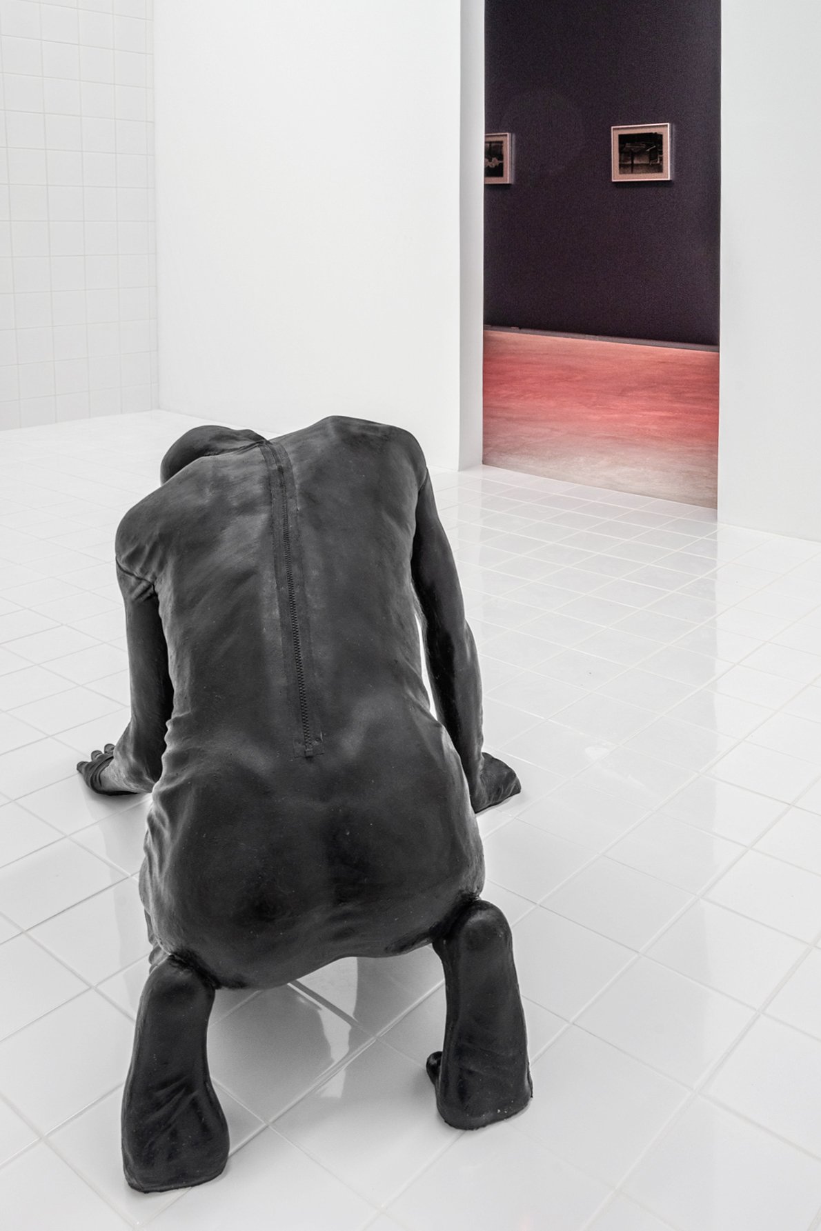   The Thing  (2022) silicon sculpture in tiled shower room 12’ x 16’ x 16’ (collaboration with Luis Jacob)   No Tears For The Creatures of The Night  (2021) gelatin silver prints 11” x 14”, portfolio of 14 images  Installation view of  A Surrogate, A