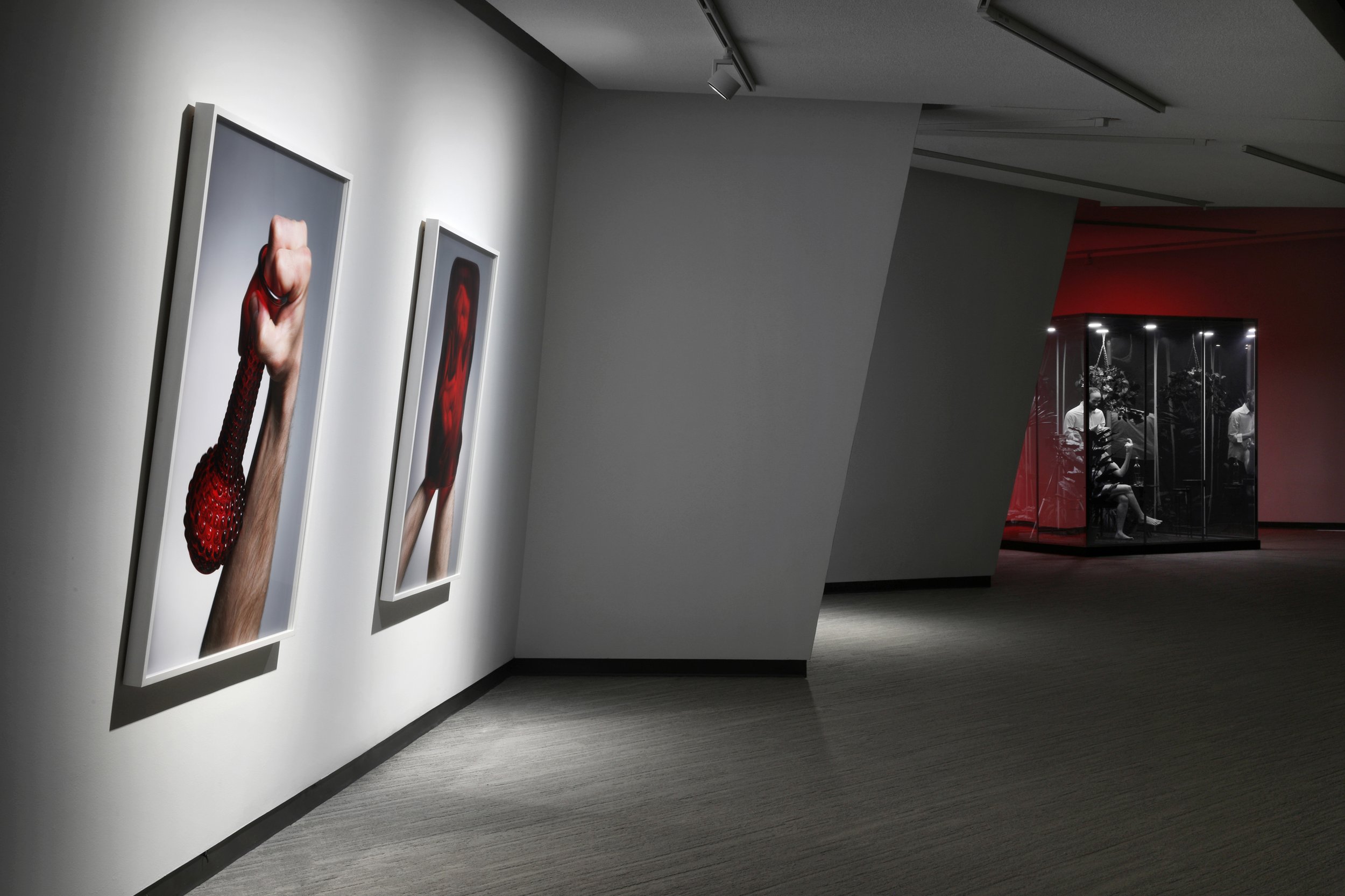   Handle  (2009) chromogenic prints 55” x 40”   Self Portrait with Luis Jacob  (2022) silicon sculptures and furnishings, in mirror cube structure 8’ x 8” x 8’  Installation view of  That, There, It  at Contemporary Calgary, Canada 