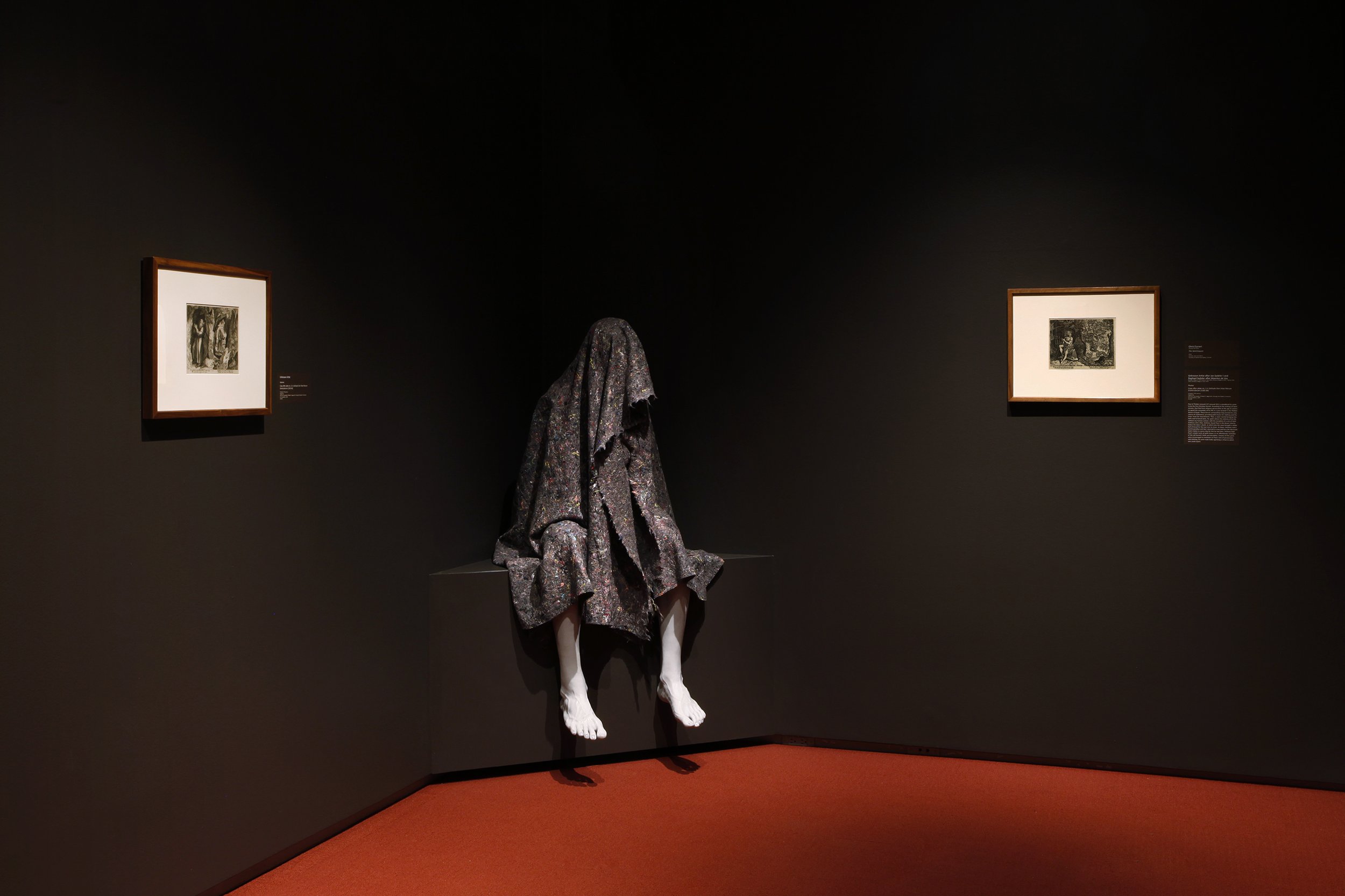   The Ventriloquist &nbsp;(2019) silicone, resin, fabric 58” x 24” x 36”  Engravings: Unknown Artist after Jan Sadeler I and Raphael Sadeler after Maerten de Vos,&nbsp; copies after:&nbsp;Solitudo Sive Vitae Patrum Eremicolarum, 1585–1586 , unknown d