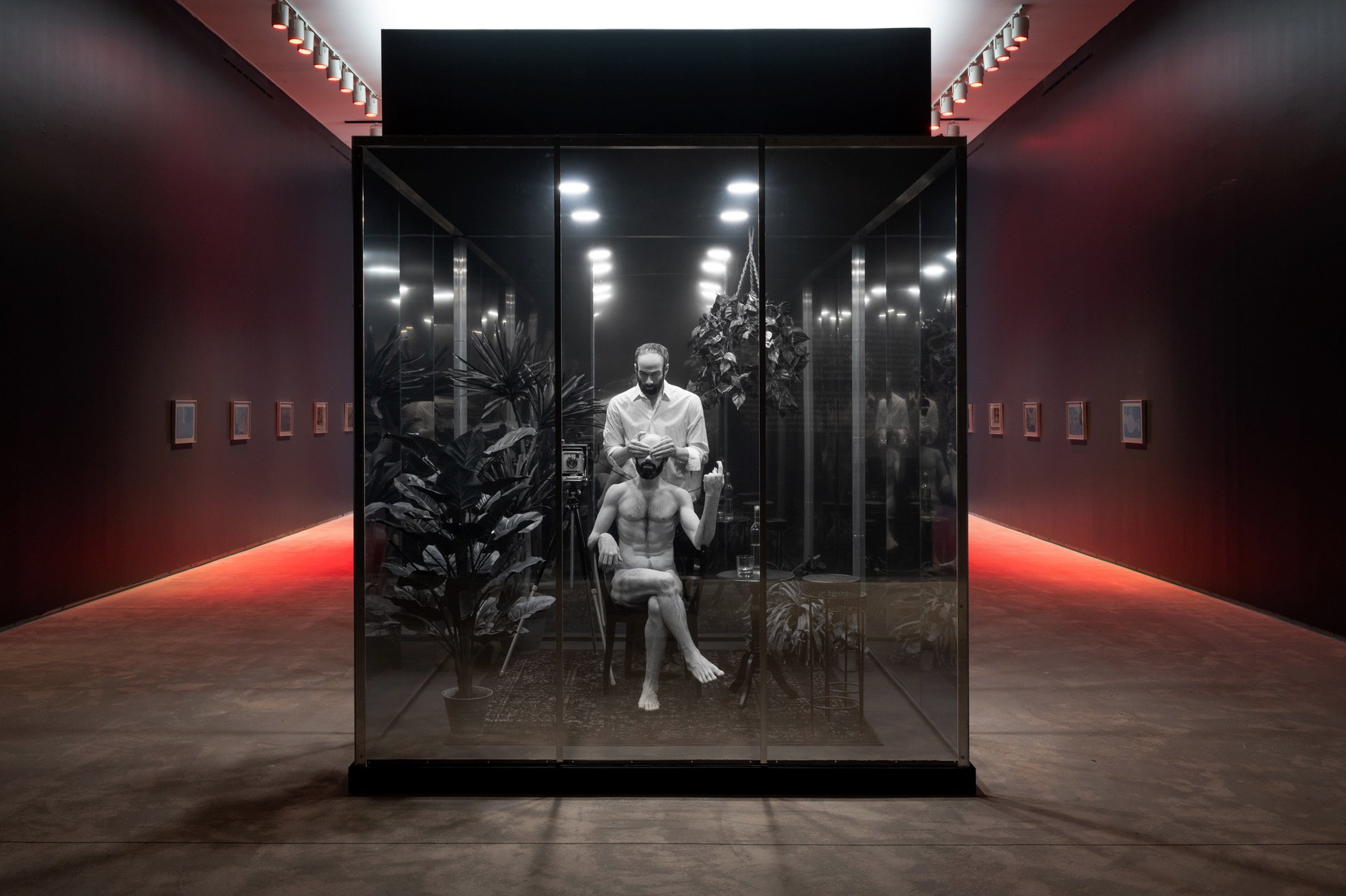   Self Portrait with Luis Jacob  (2022) silicon sculptures and furnishings, in mirror cube structure 8’ x 8” x 8’   No Tears For The Creatures of The Night  (2021) gelatin silver prints 11” x 14”, portfolio of 14 images  Installation view of  A Surro