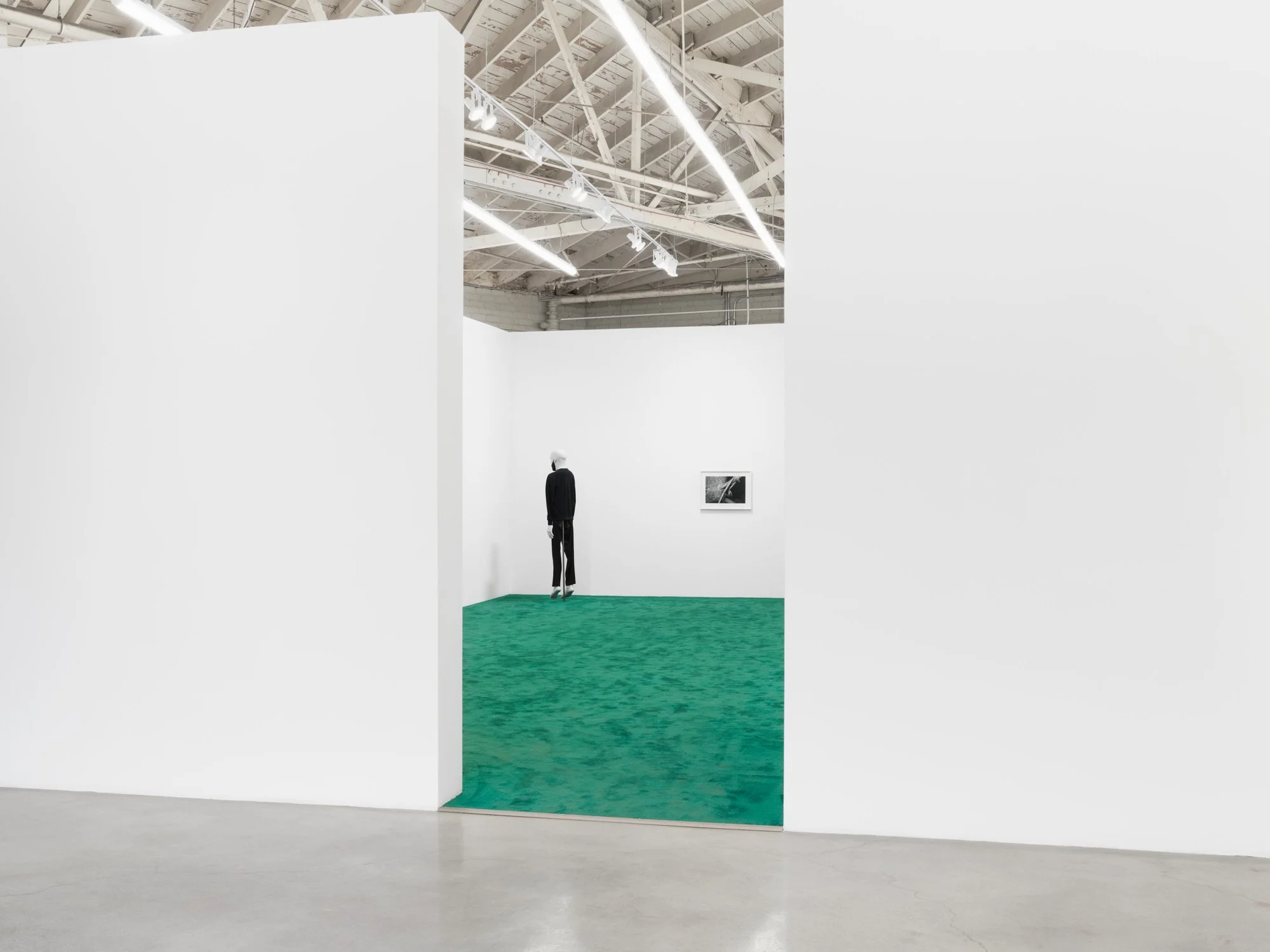  August 17, 2021  (2022) gelatin silver print 20” x 27”   Christopher &nbsp;(2019) silicone, resin, hair, fabric 80” x 20” x 9”  Installation view of  One Eye Open  at Night Gallery, Los Angeles, USA 