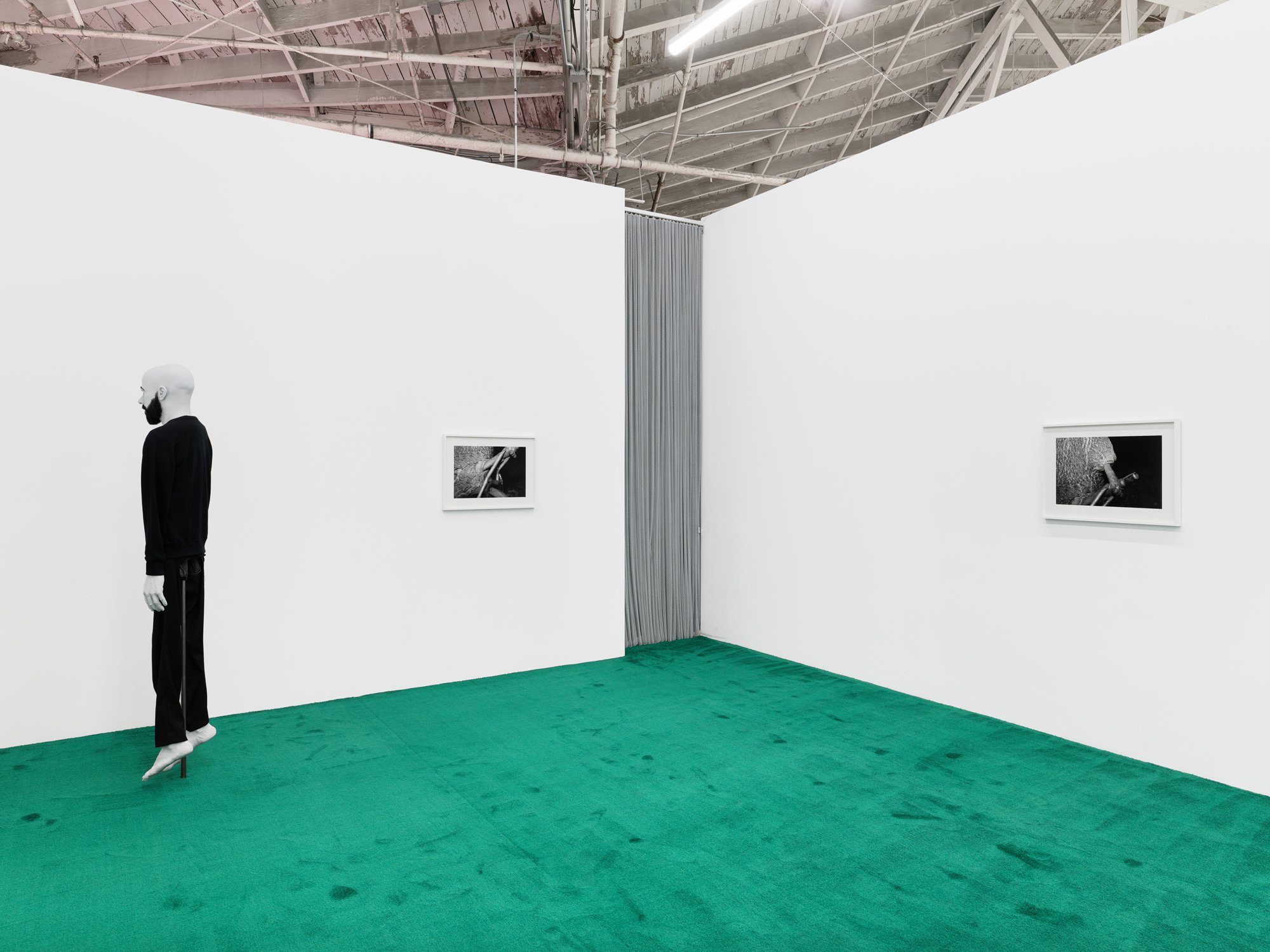   August 17, 2021  (2022) gelatin silver prints 20” x 27”   Christopher &nbsp;(2019) silicone, resin, hair, fabric 80” x 20” x 9”  Installation view of  One Eye Open  at Night Gallery, Los Angeles, USA 