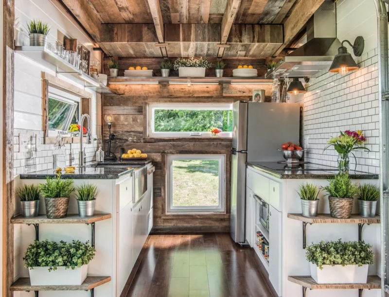 Kitchen. Nashville, Tennessee. Building and interior design by David Latimer for New Frontier Tiny Homes. Photography by StudiObuell. From the book Your Creative Haven by Donald M. Rattner (Skyhorse Publishing, 2019).
