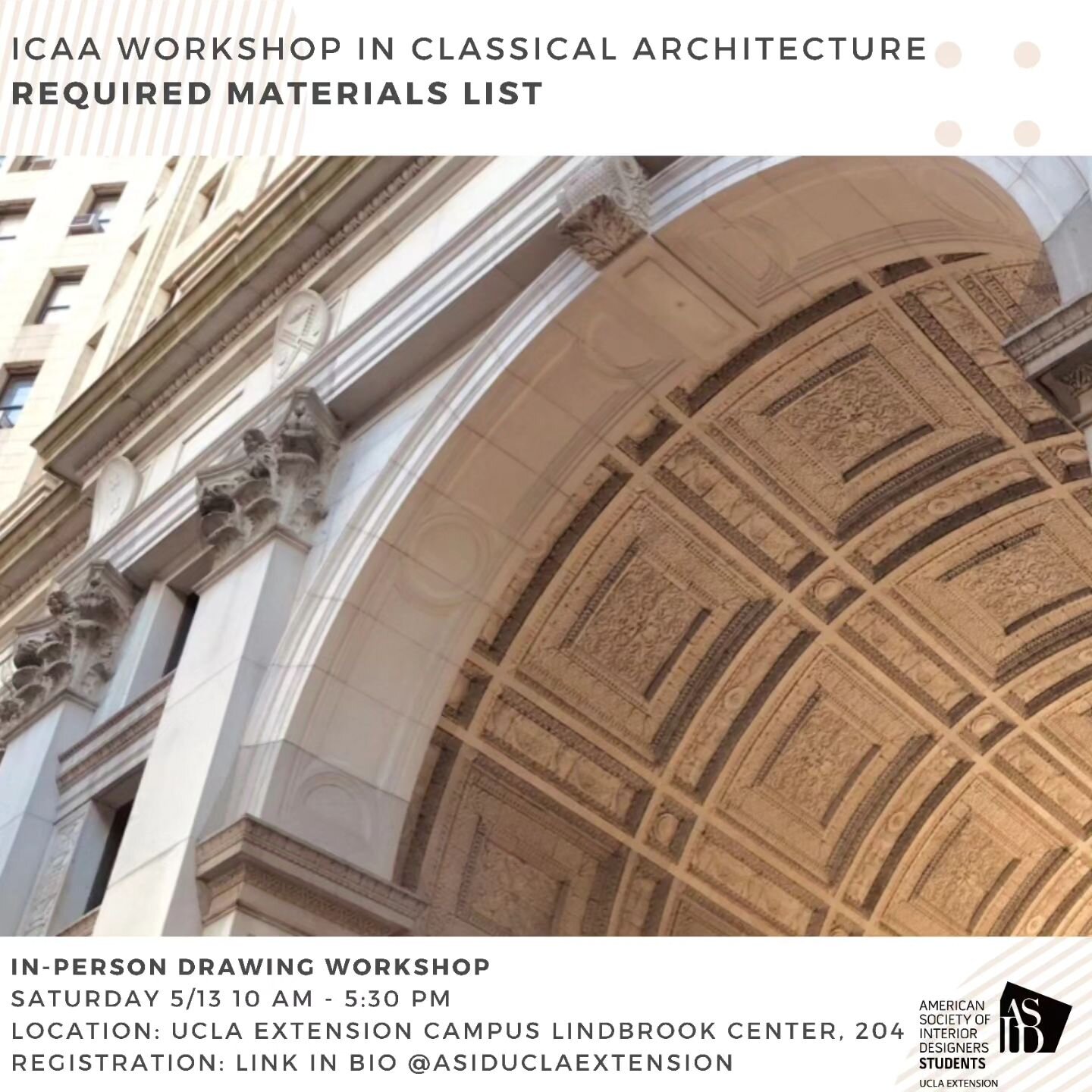 The ICAA Workshop in Classical Architecture is tomorrow! For those that have registered, swipe to see the required materials. Please note that drawing materials will NOT be provided at the workshop. Please check your email for the full agenda sent by