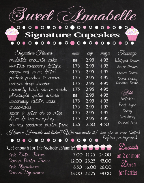 Menu Board for Sweet Annabelle Cupcake Shop