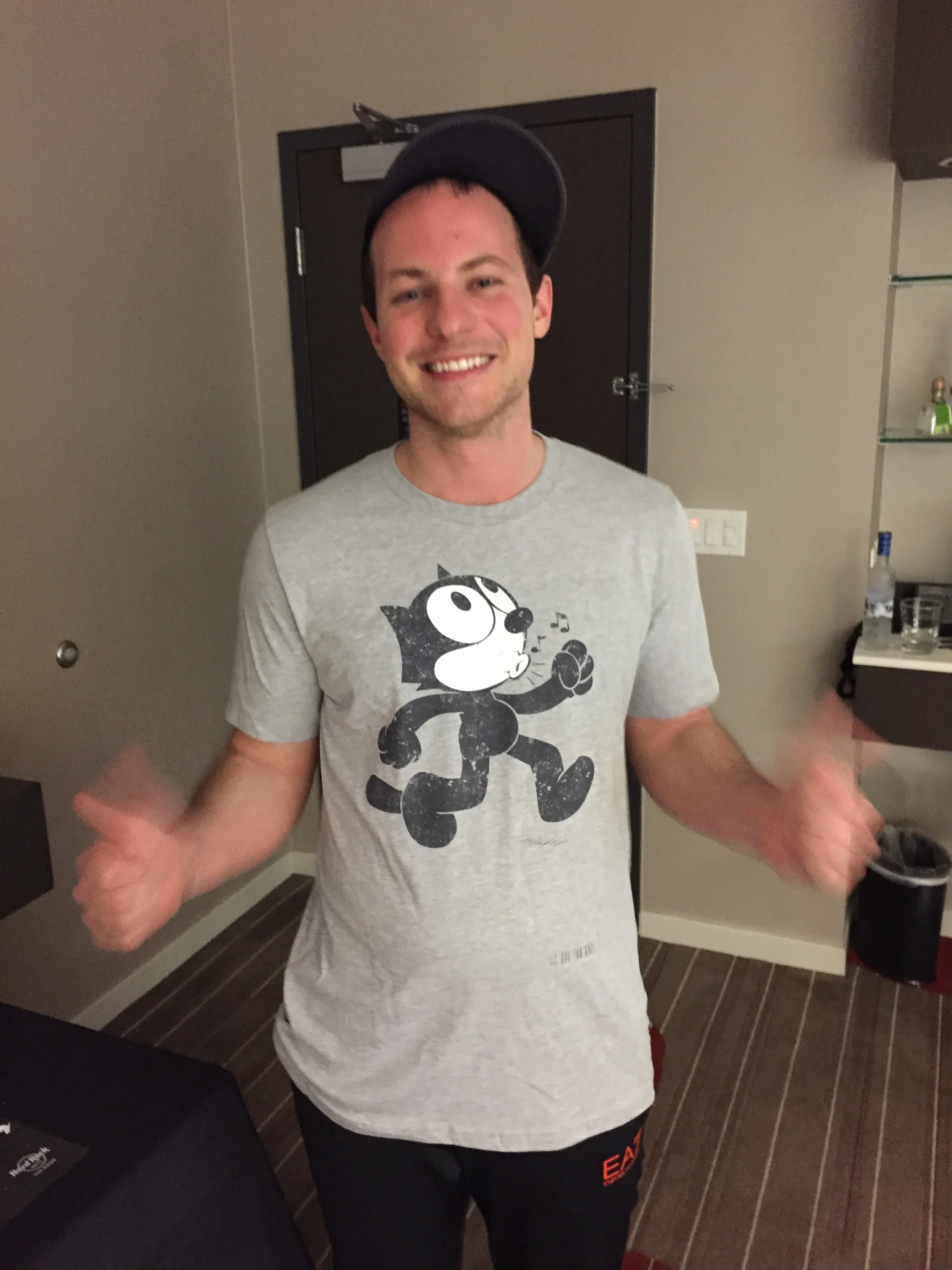 Beep shows off his Felix the Cat shirt.