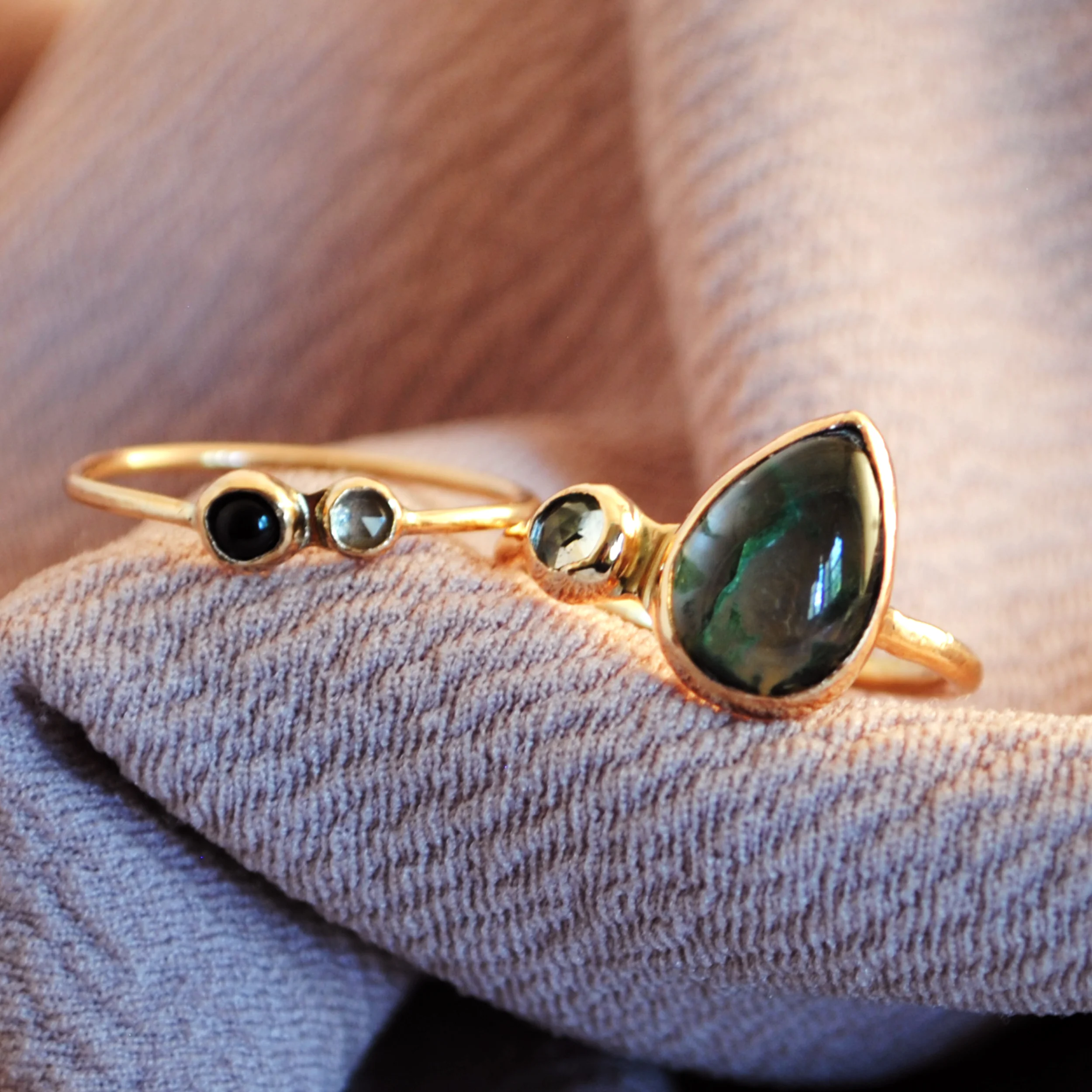 Moss Agate Stacking Rings with Black Onyx and White Topaz Custom Design