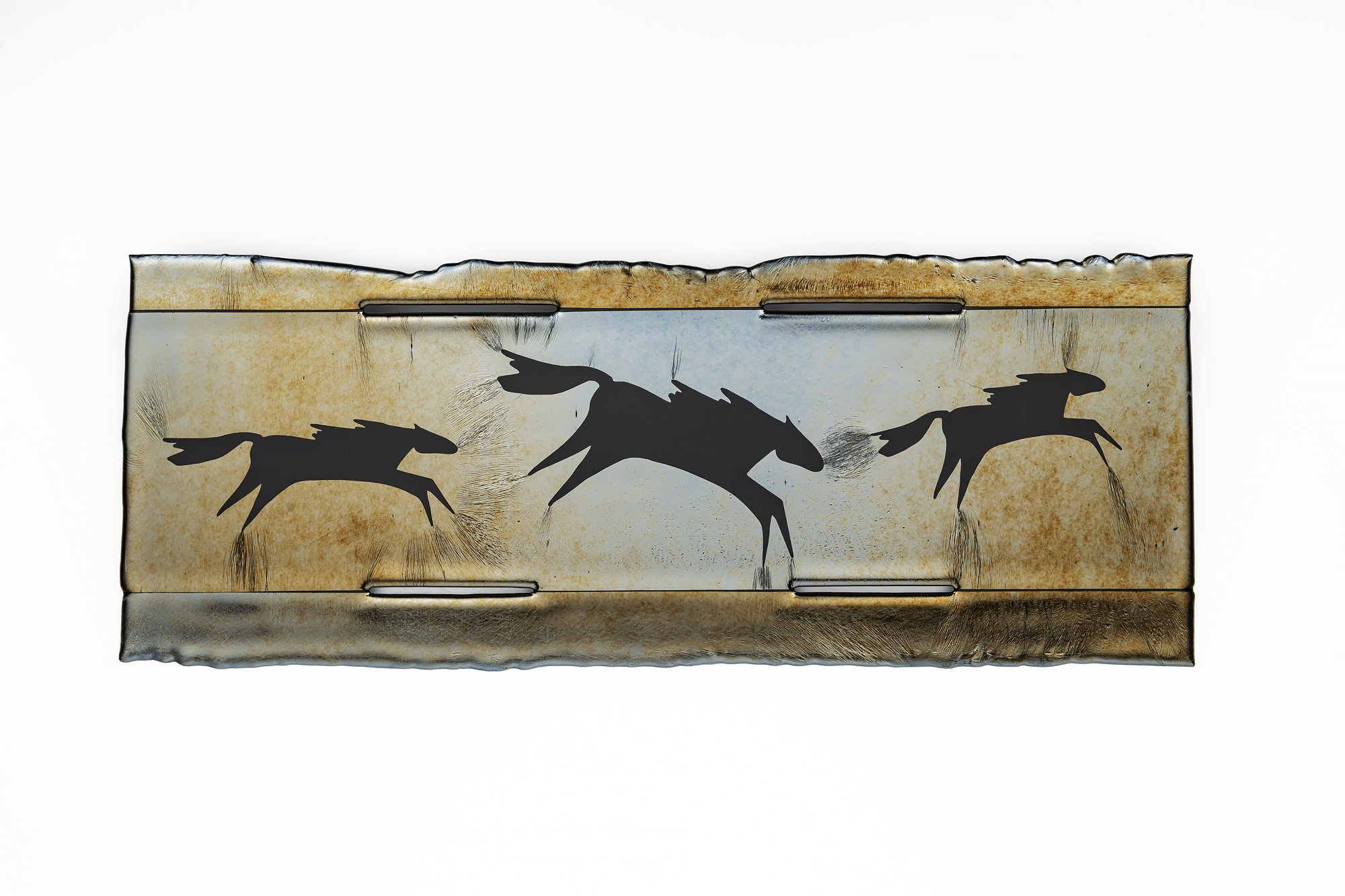 Glass Painting: Horizontal Black Horses on Gold