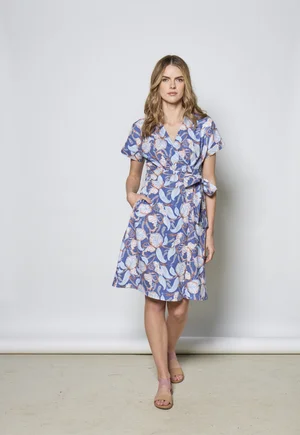 knee length dresses for ladies Organic Linen Wrap Dress Eliana Cloudy Blue  menique