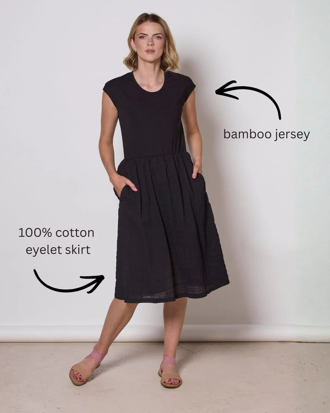 Our newest release. Meet the Primrose mixed media dress. It combines the comfort of bamboo with airiness of eyelet. 

There&rsquo;s a partial cotton lining that finishes just above the knees so the skirt isn&rsquo;t too scandalous 🫣

#bamboodress #d