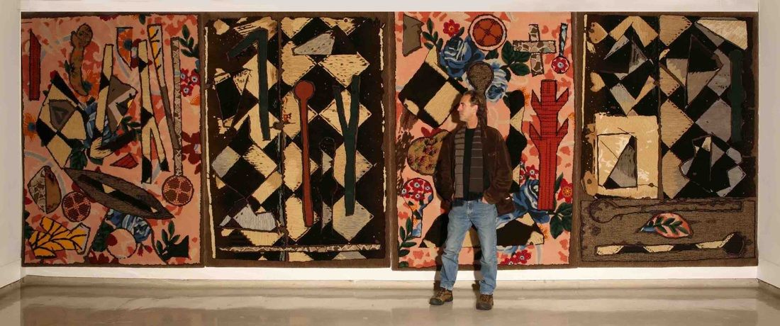 Simon Ogden, Kaitareti Rose, 2009, wool rug 4 panels: 250 x 720 cm, handcrafted by Dilana Rugs, Christchurch. Installation view at the Floor wall Foor wall exhibition at Peloton Gallery, Sydney, Australia