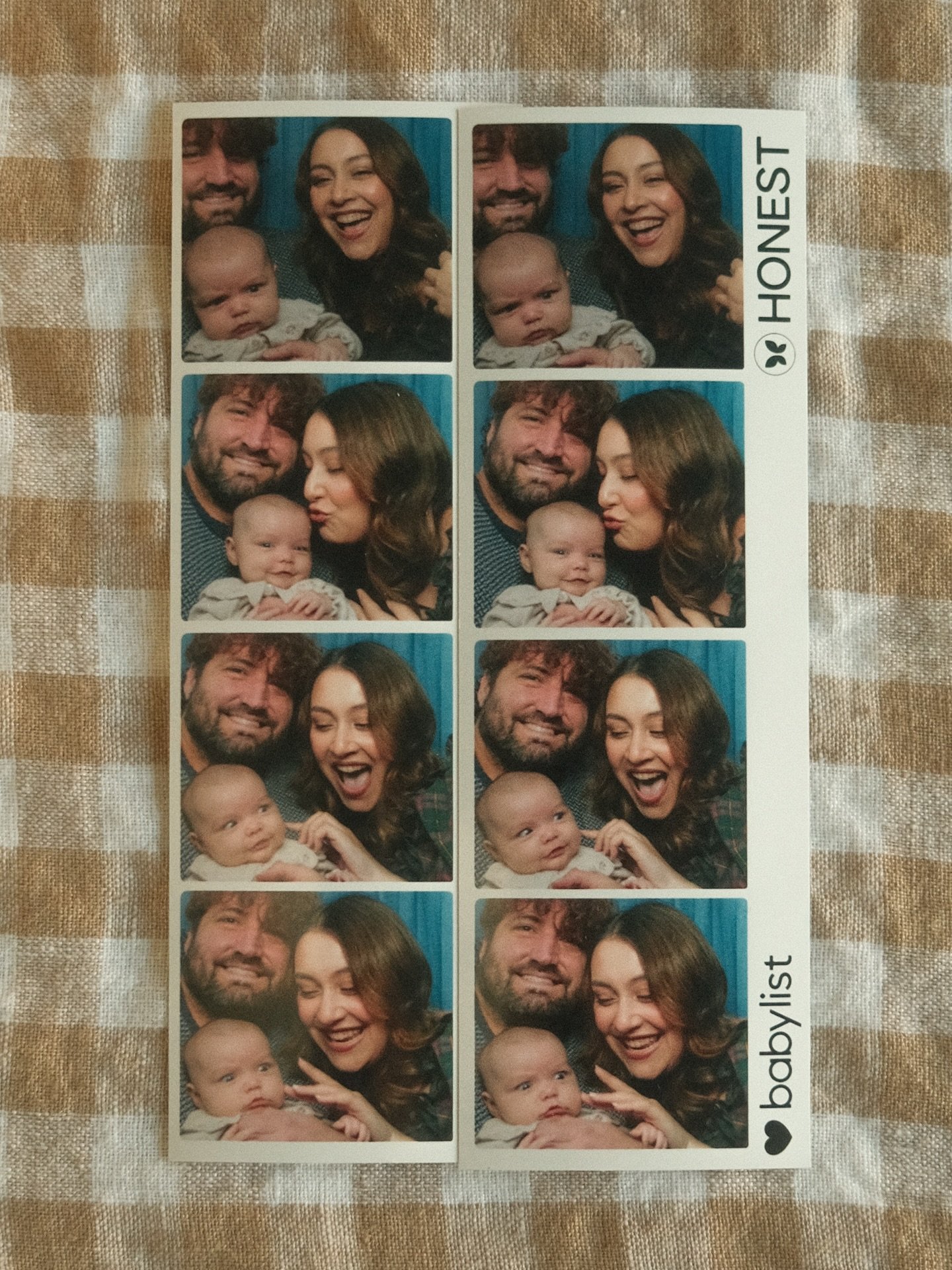 e&rsquo;s first photobooth!! she gave us 4 perfect little expressions 😂 last time we were at the babylist showroom she was still in my belly, so special to return now with her in our arms.

thanks for a sweet morning, @honest + @babylist 🤎