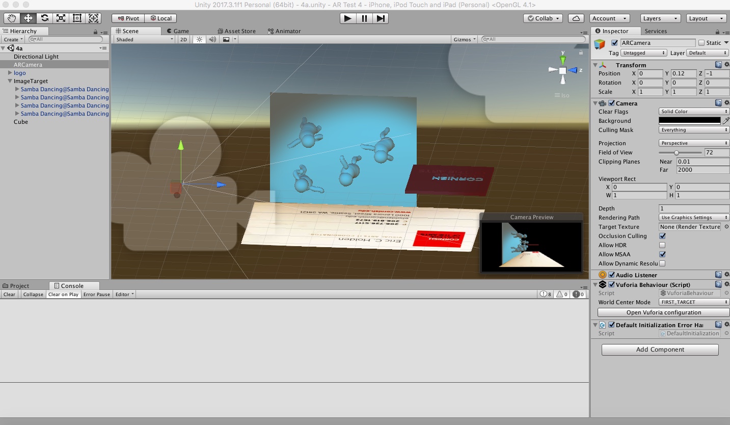 Screenshot of Unity using Vuforia.