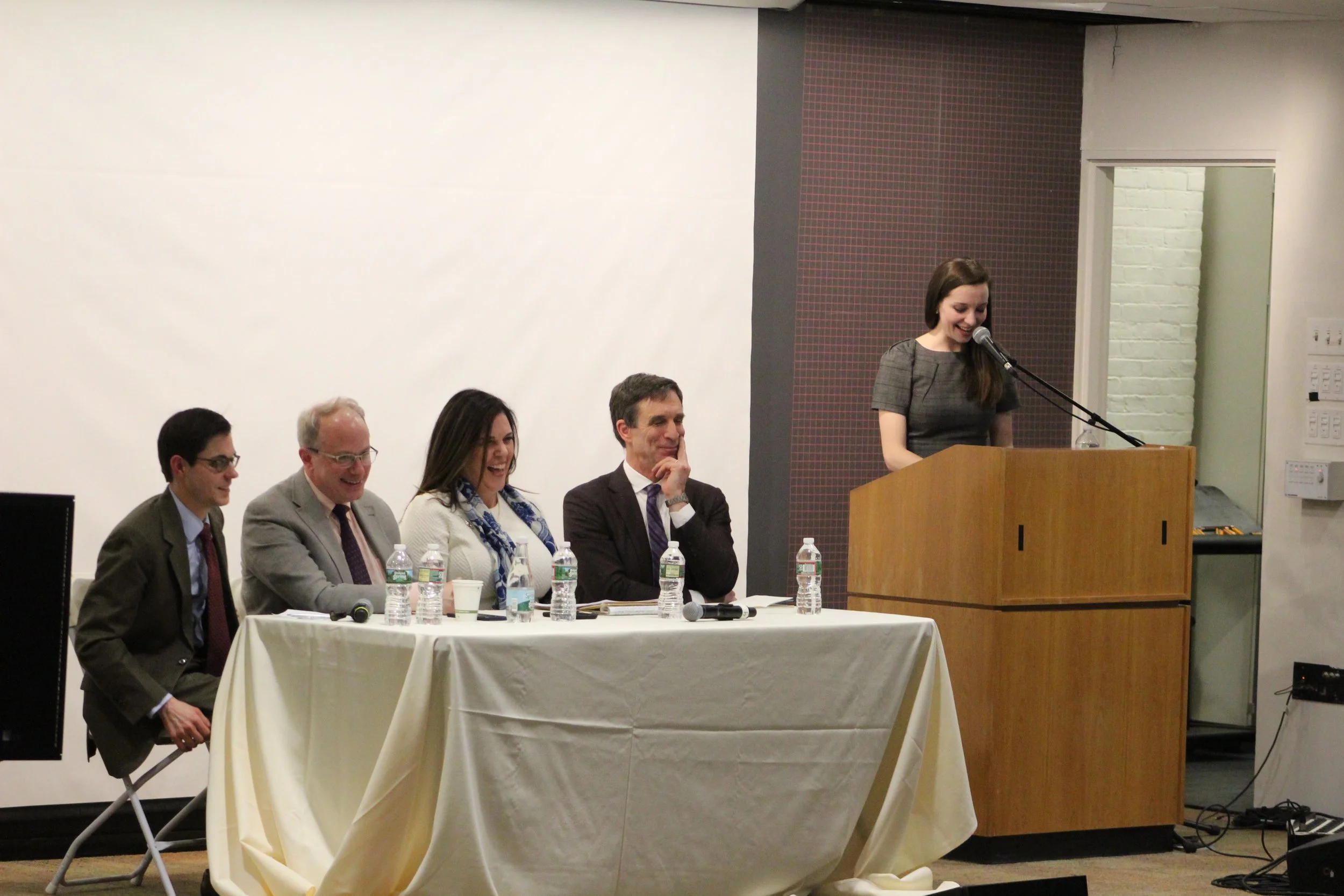 The concluding panel discussion featuring Adrian Vermeule, Margarita Mooney, and R.R. Reno, moderated by Julius Krein. Also pictured at podium: Harvard PhD student Amy Chandran.