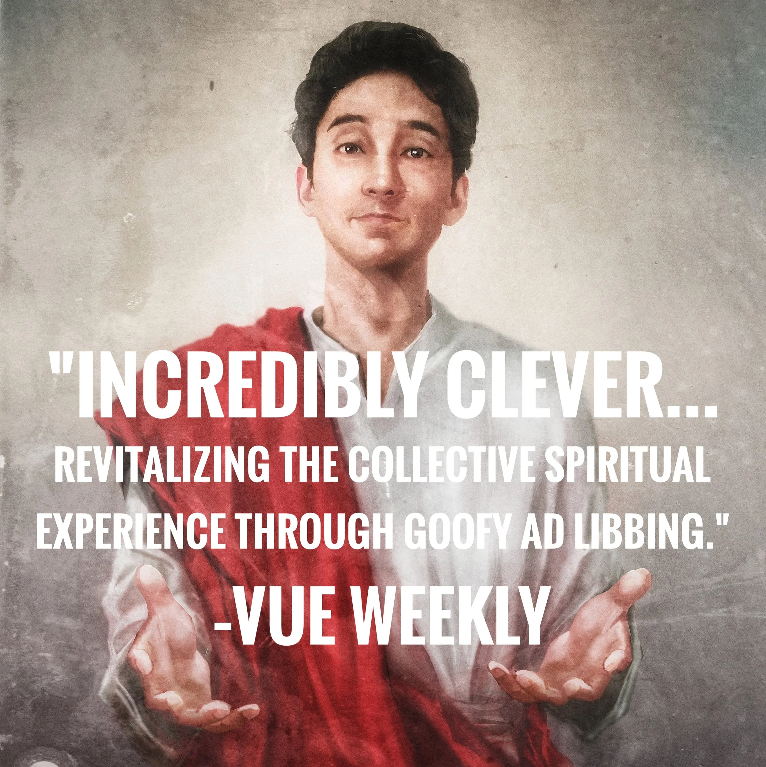 Painting of Travis as Jesus for his show "Unscriptured," with review text over top: "Incredibly clever... revitalizing the collective spiritual experience through goofy ad libbing." —Vue Weekly