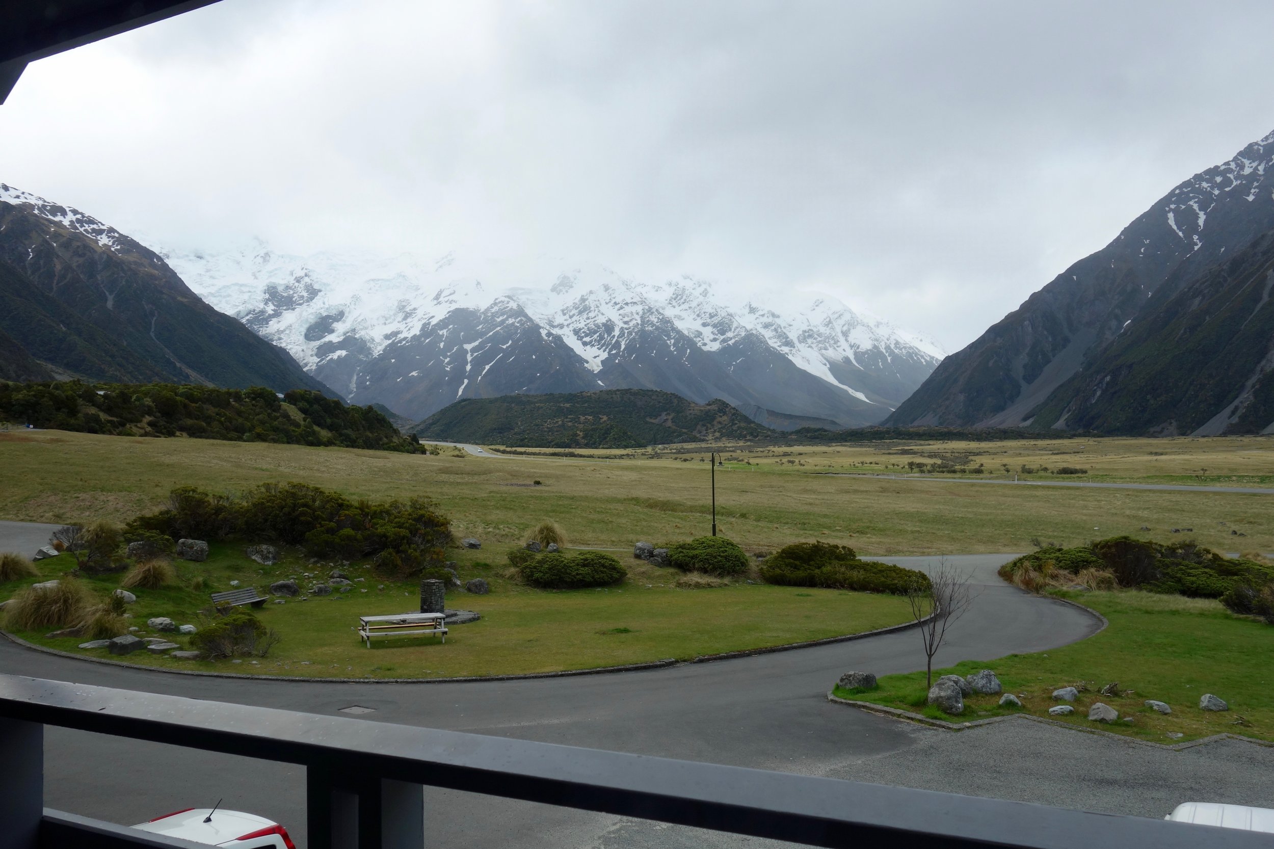 View of Mt. Cook hanging behind her "cloud shroud" from our room.