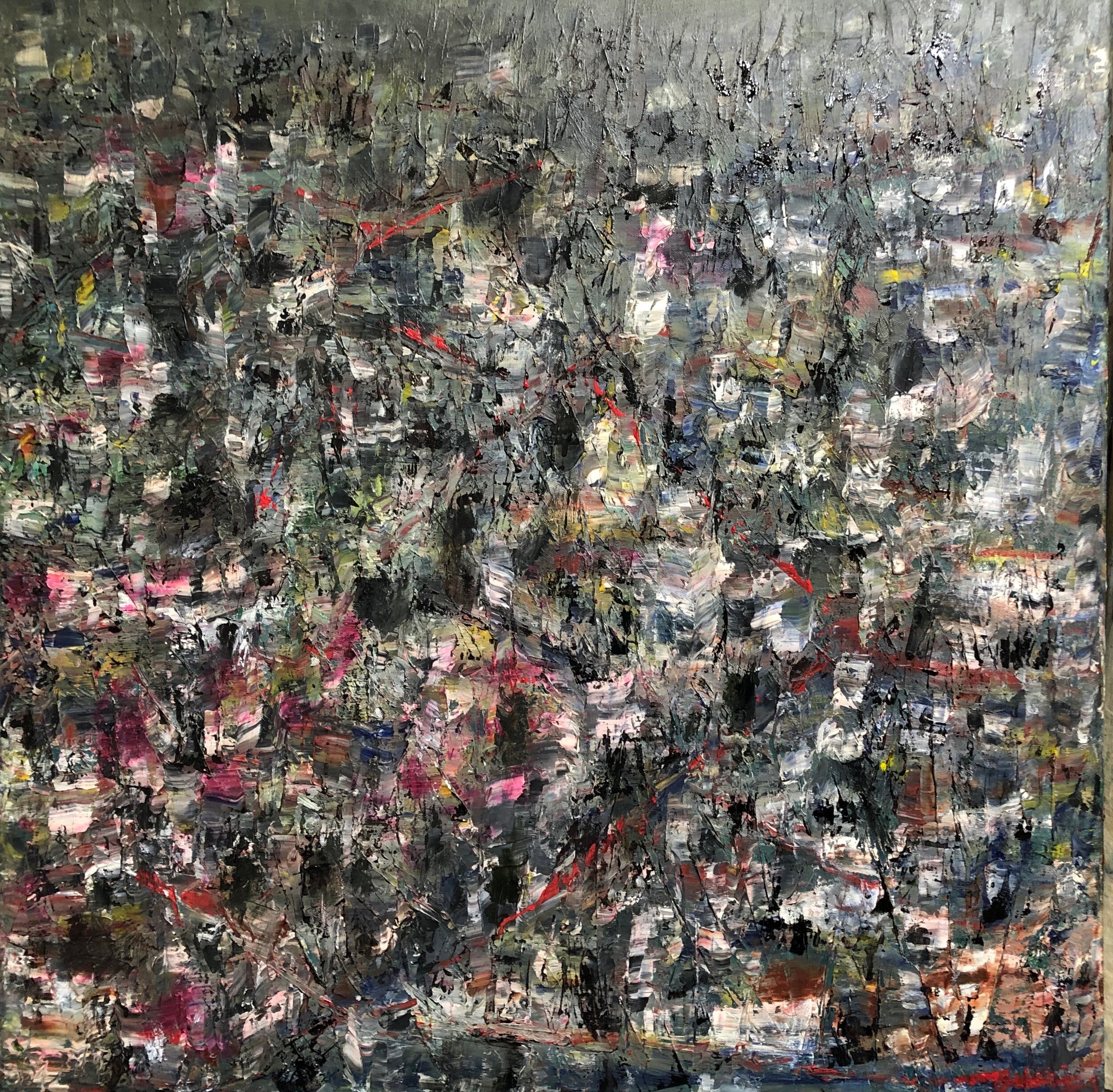 Three minutes to landing, oil on canvas, 30 x 30 inches