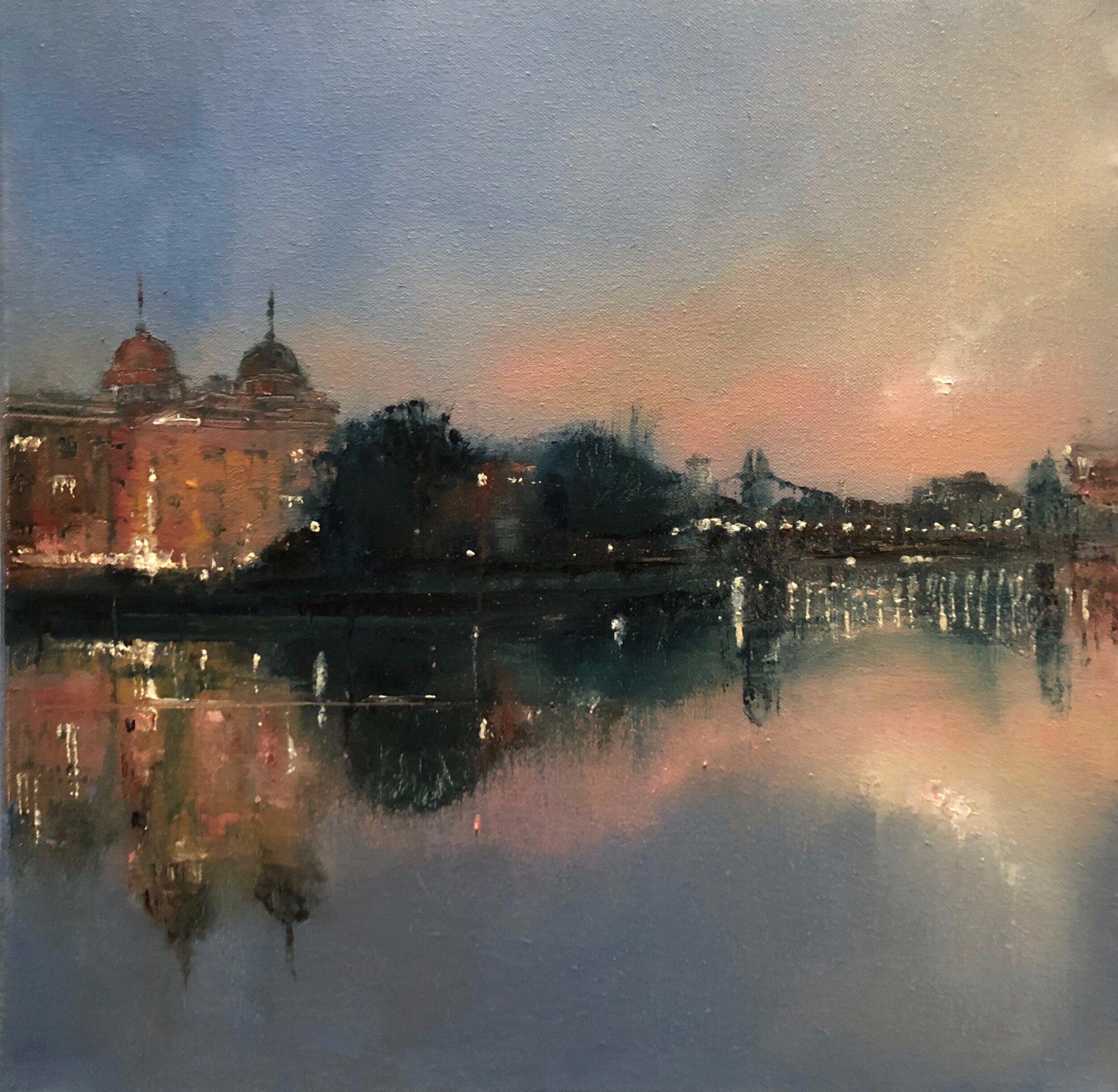 SOLD, Evening light, Hammersmith Bridge, oil on canvas, 16 x 16