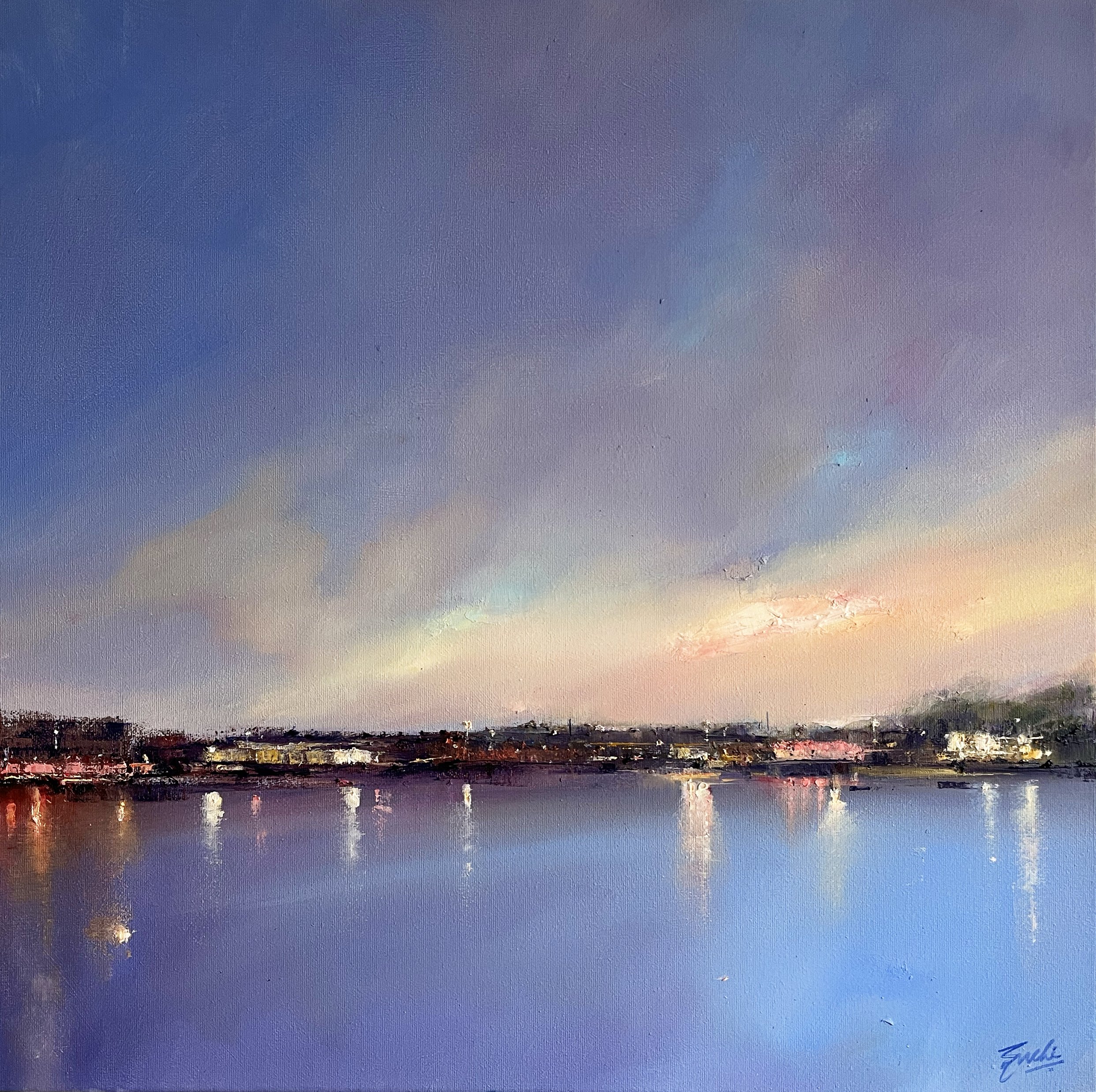 SOLD, Evening reflections by the river, Oil, 20" x 20"