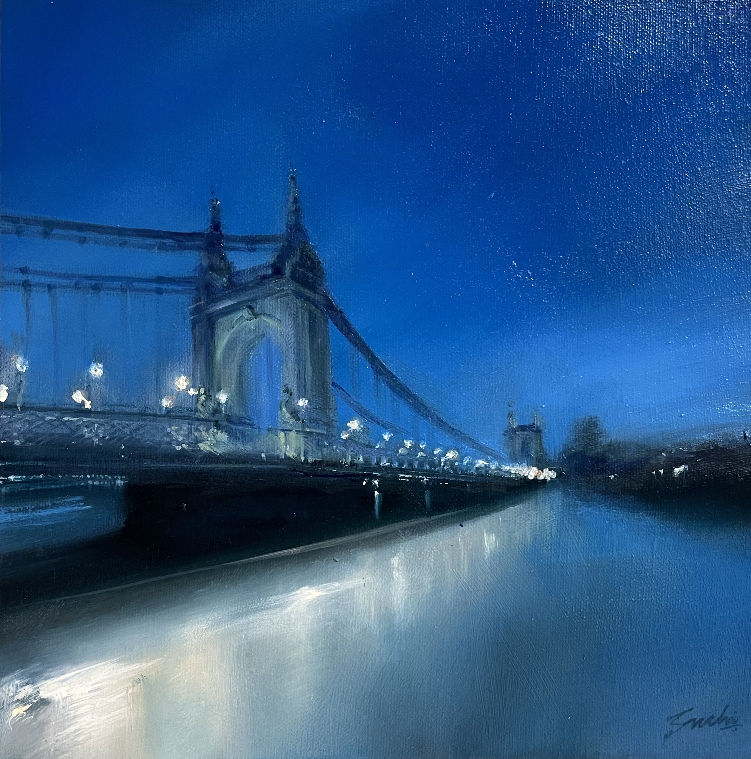 SOLD, Nocturne, Hammersmith Bridge, Oil, 10" x 10"