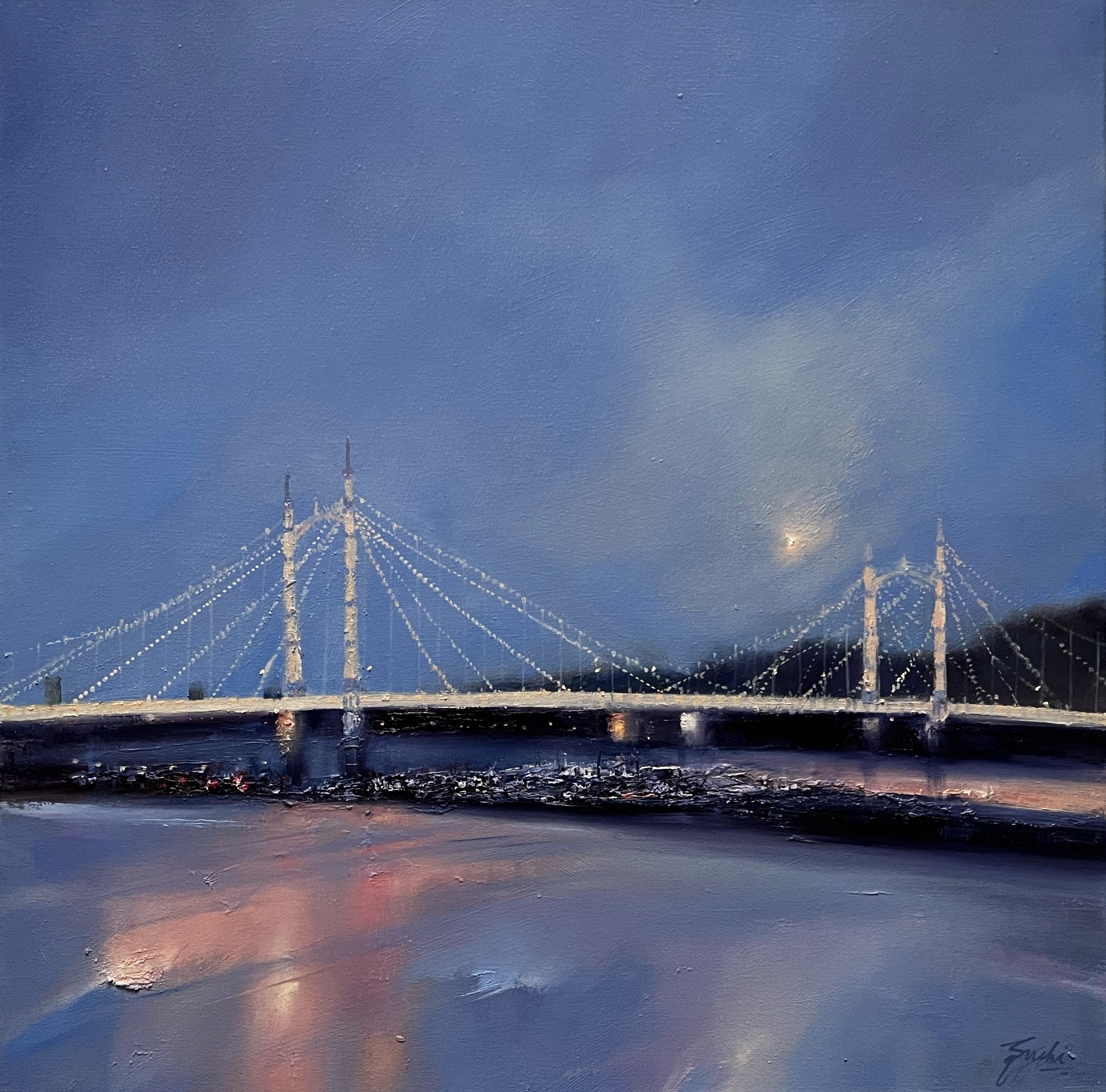Evening reflections, Chelsea bridge, Oil, 20" x 20"