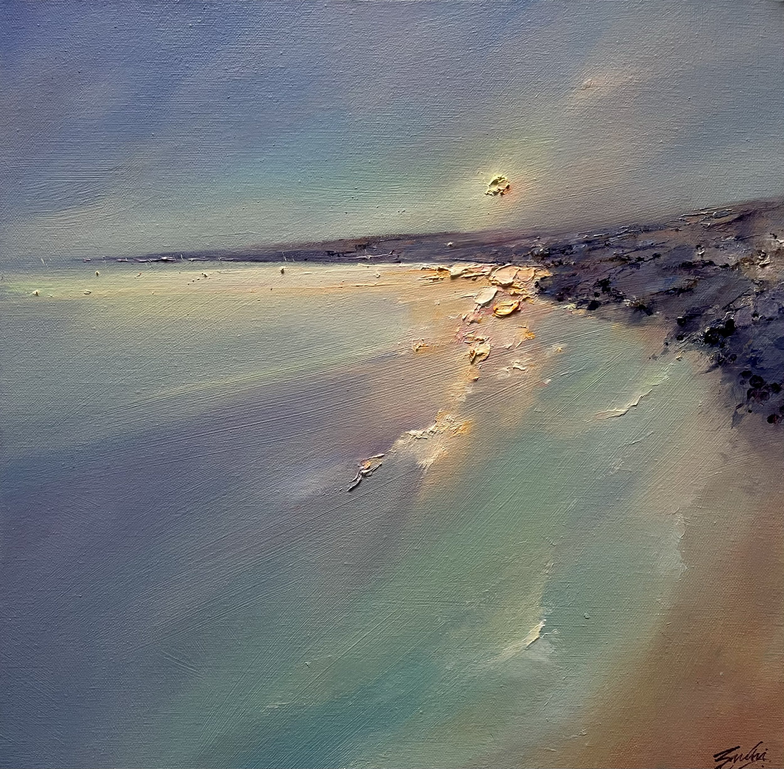 SOLD, Evening light over the bay, Oil, 16" x 16"