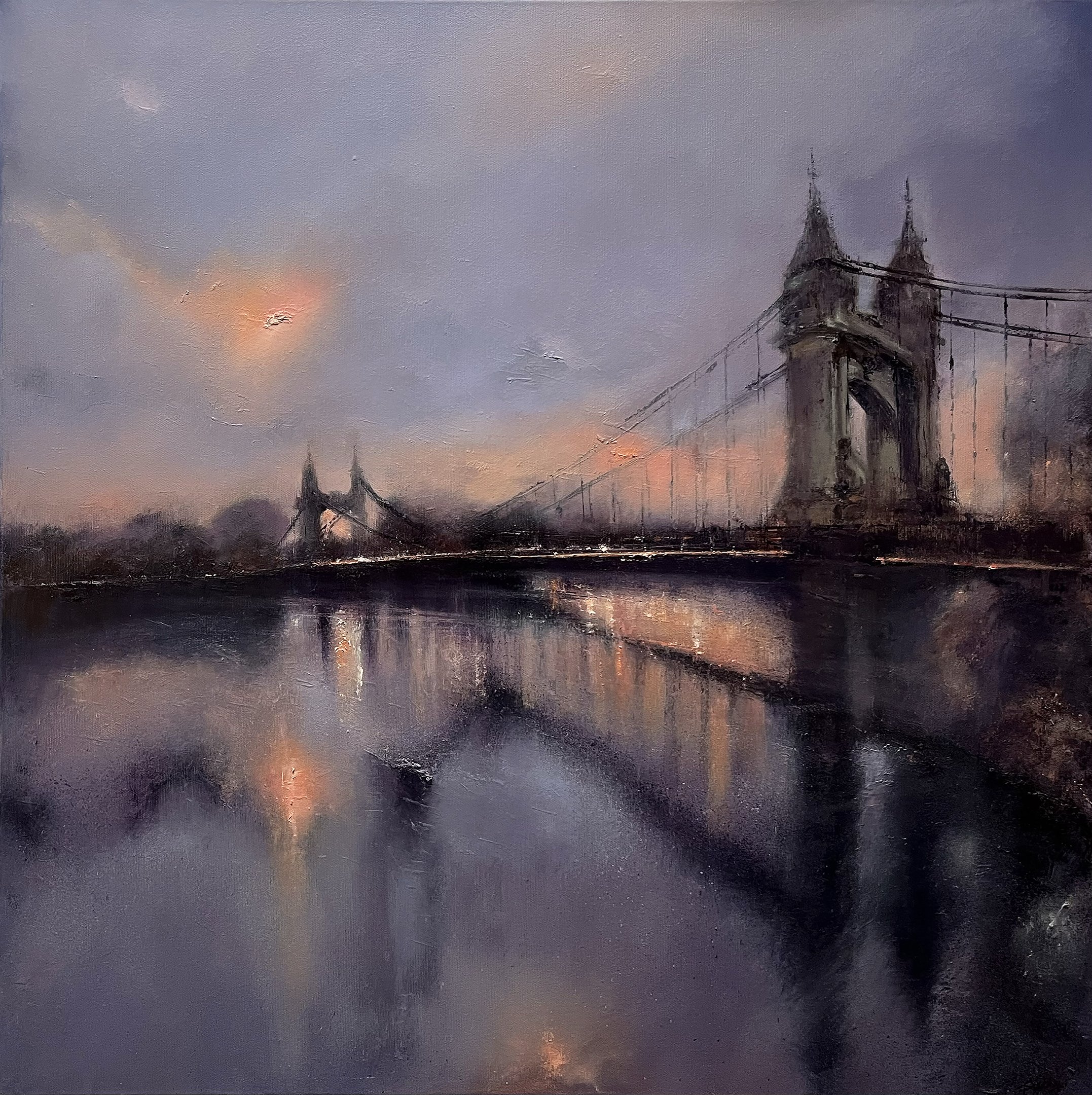 Pink light over Hammersmith Bridge, Oil, 30" x 30"