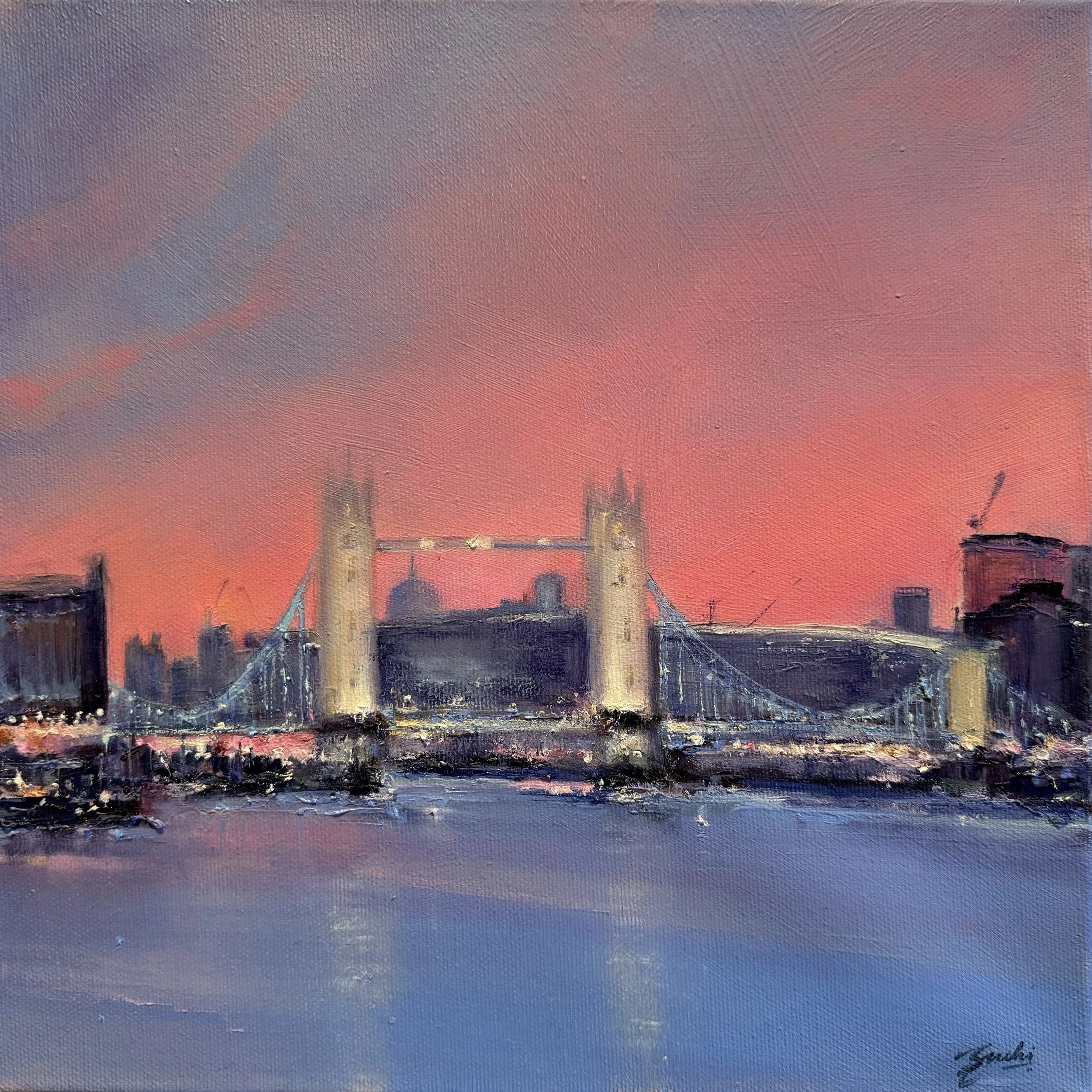 Sunset, Tower bridge, Oil, 12" x 12"