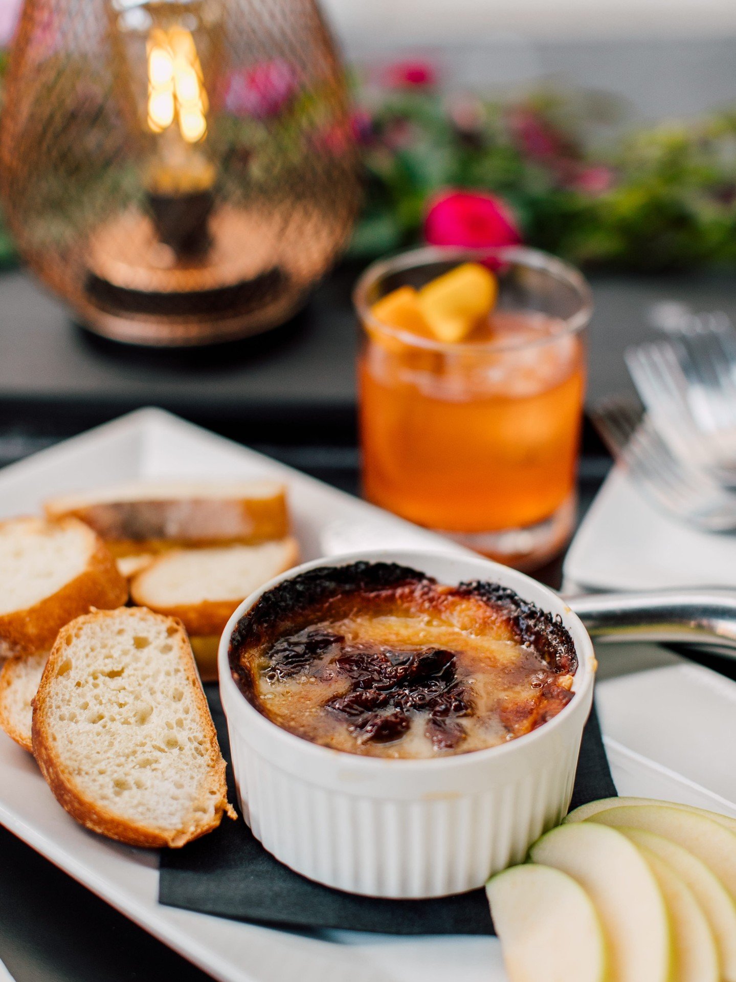 Warm baked brie with fig and cherries, served with apple and baguette? Yes please!