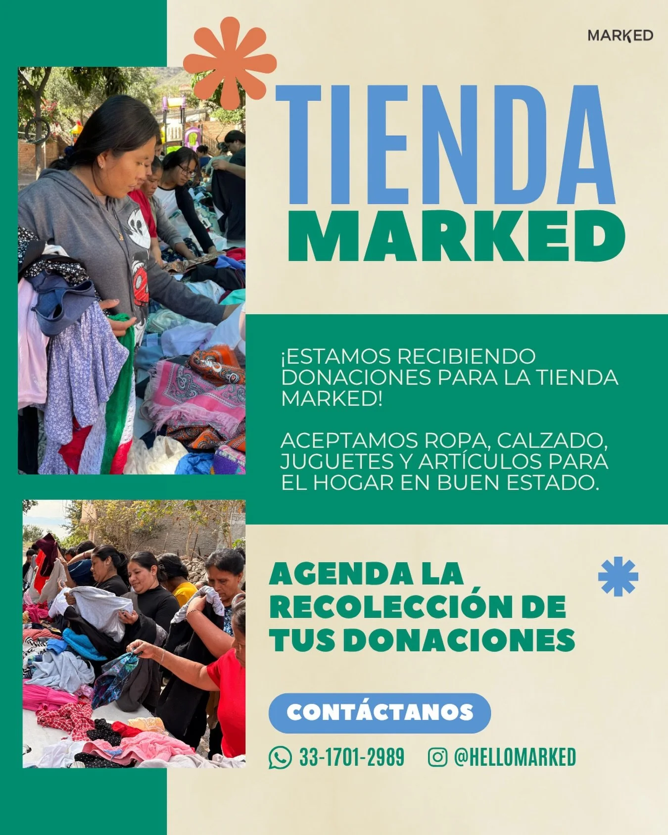 📣&iexcl;Estamos recibiendo donaciones! 

Si vives en la ZMG o en la ribera de Chapala y tienes ropa, calzado, juguetes o art&iacute;culos para el hogar en buen estado, cont&aacute;ctanos para agendar la recolecci&oacute;n de tus donaciones. 📞 

Tod