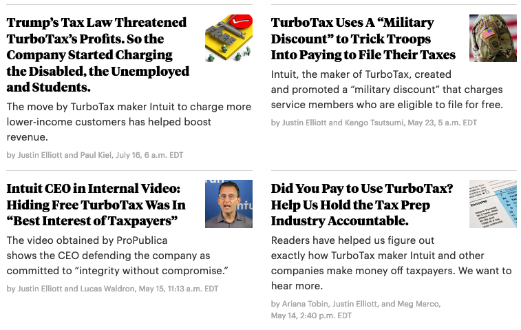 Journalist Justin Elliott reported extensively with ProPublica on the nature of TurboTax dark patterns that guided users away from free tax filings.