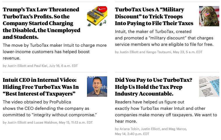  Journalist Justin Elliott reported extensively with ProPublica on the nature of TurboTax dark patterns that guided users away from free tax filings. 